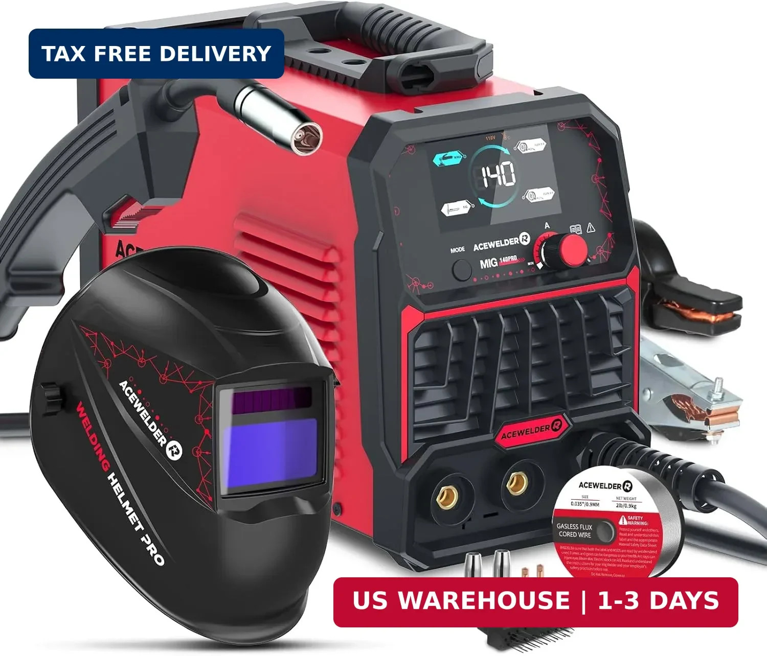 ACEWELDER 140A MIG Welder, 3 in 1 Flux Core, MIG/LIFT TIG/Stick Welding Machine