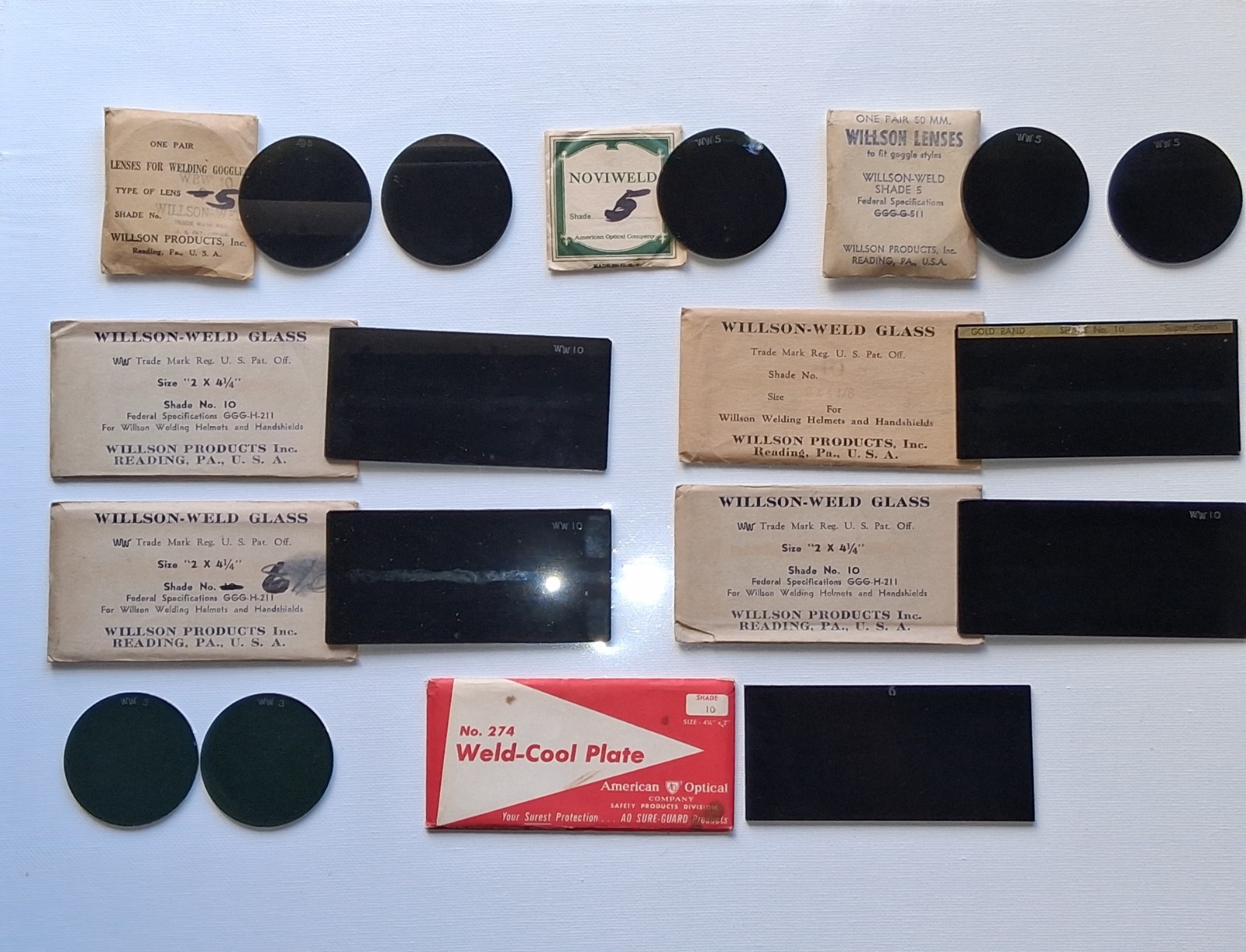 Willson Optical Weld Shade 10 Welding Plates (5) & Round Lens (7) Lot VTG