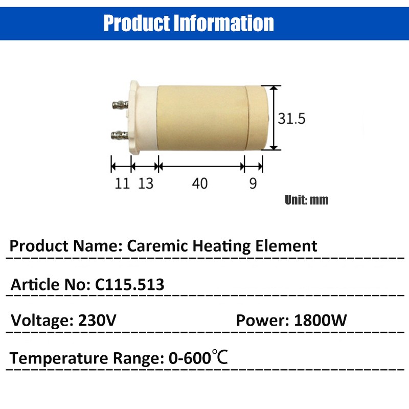 C115.513 230V 1800W Ceramic Heating Element Core for Welding Gun/hot air Machine