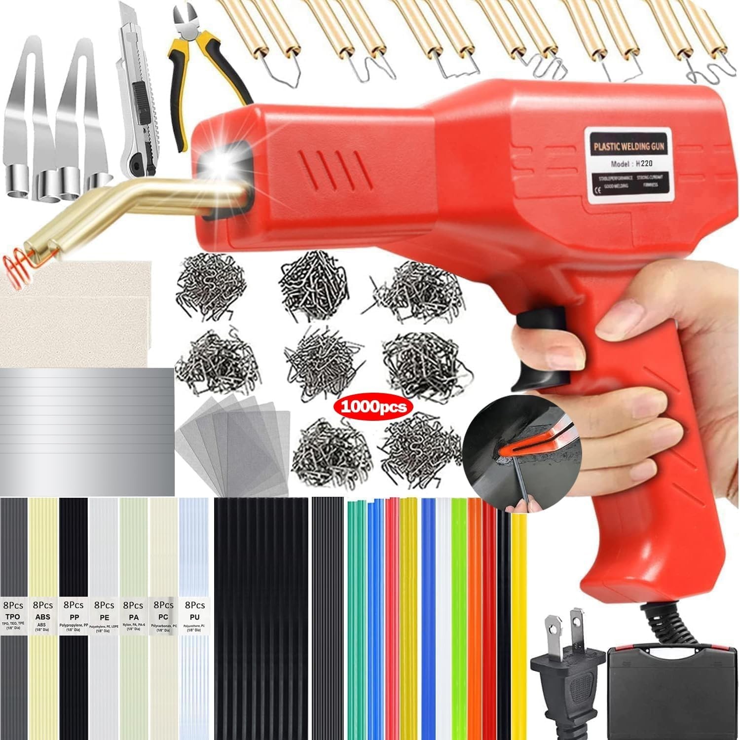 220W Plastic Welder Kit Hot Stapler Bumper Repair Gun 1000 Staples 100 Rods 2in1