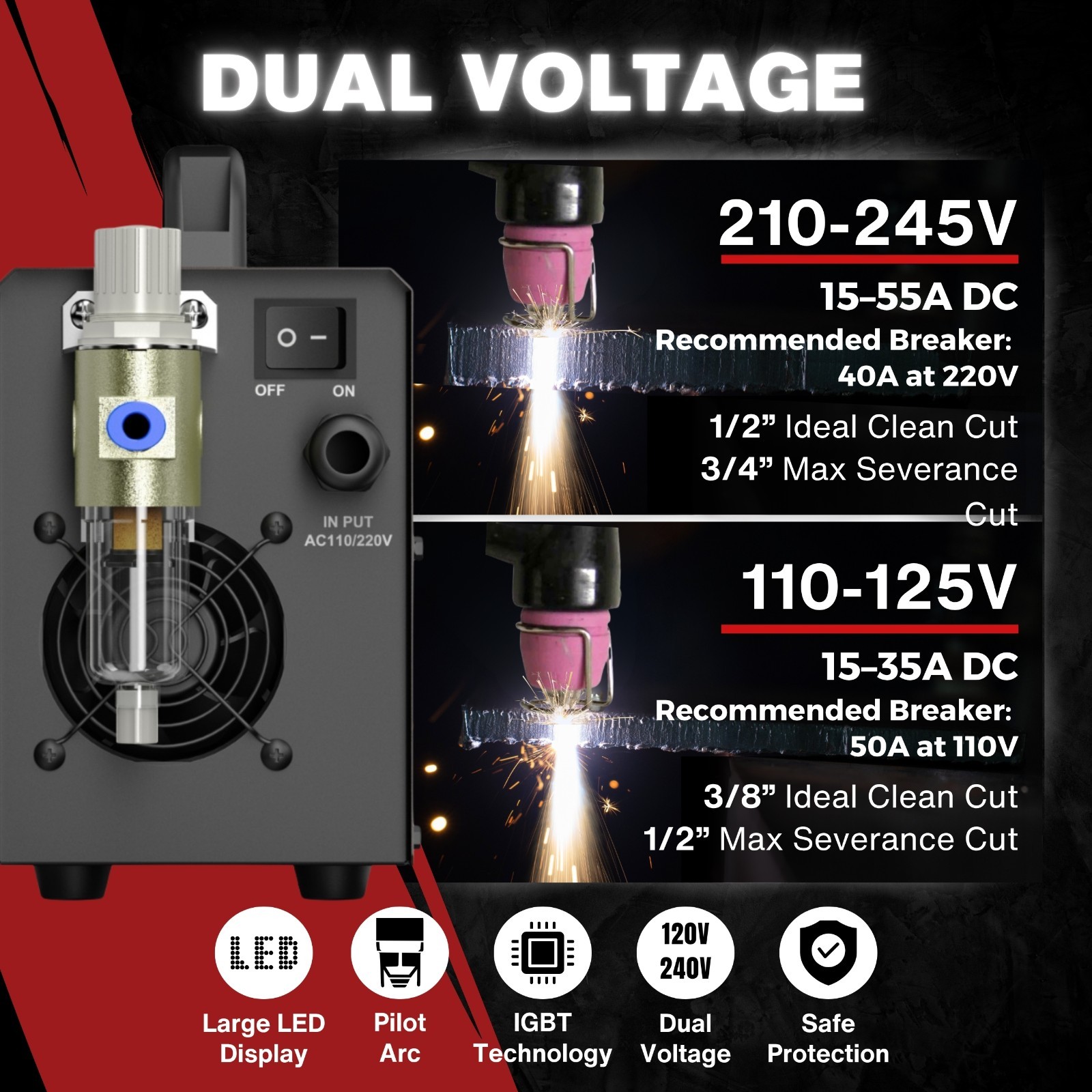 LOTOS LOP55D 55A Plasma Cutter Non-Touch Pilot Arc 110V/220V Dual Voltage 1/2″ C