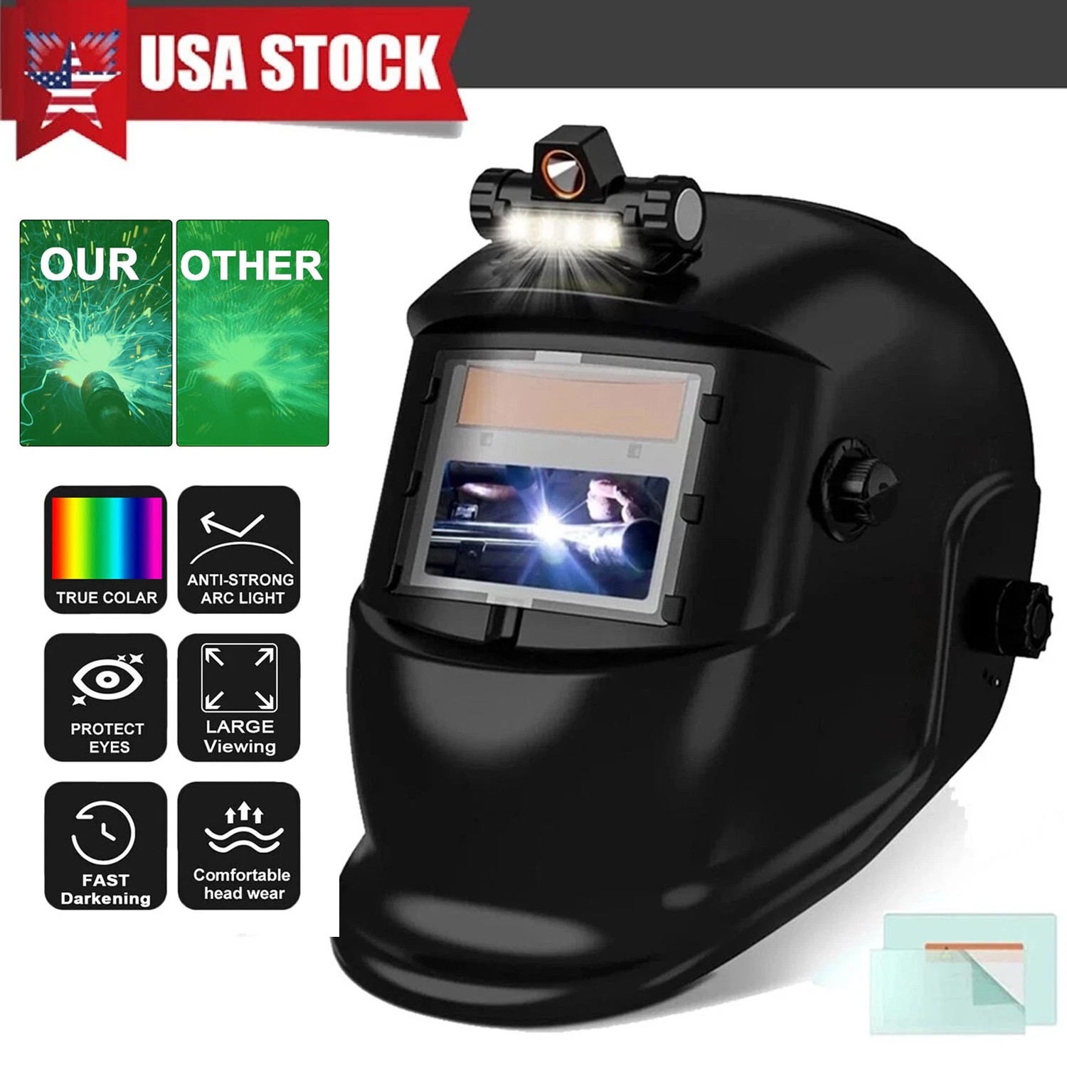 Solar True Color Auto Darkening Welding Helmet w/Light – TIG MIG ARC Protection