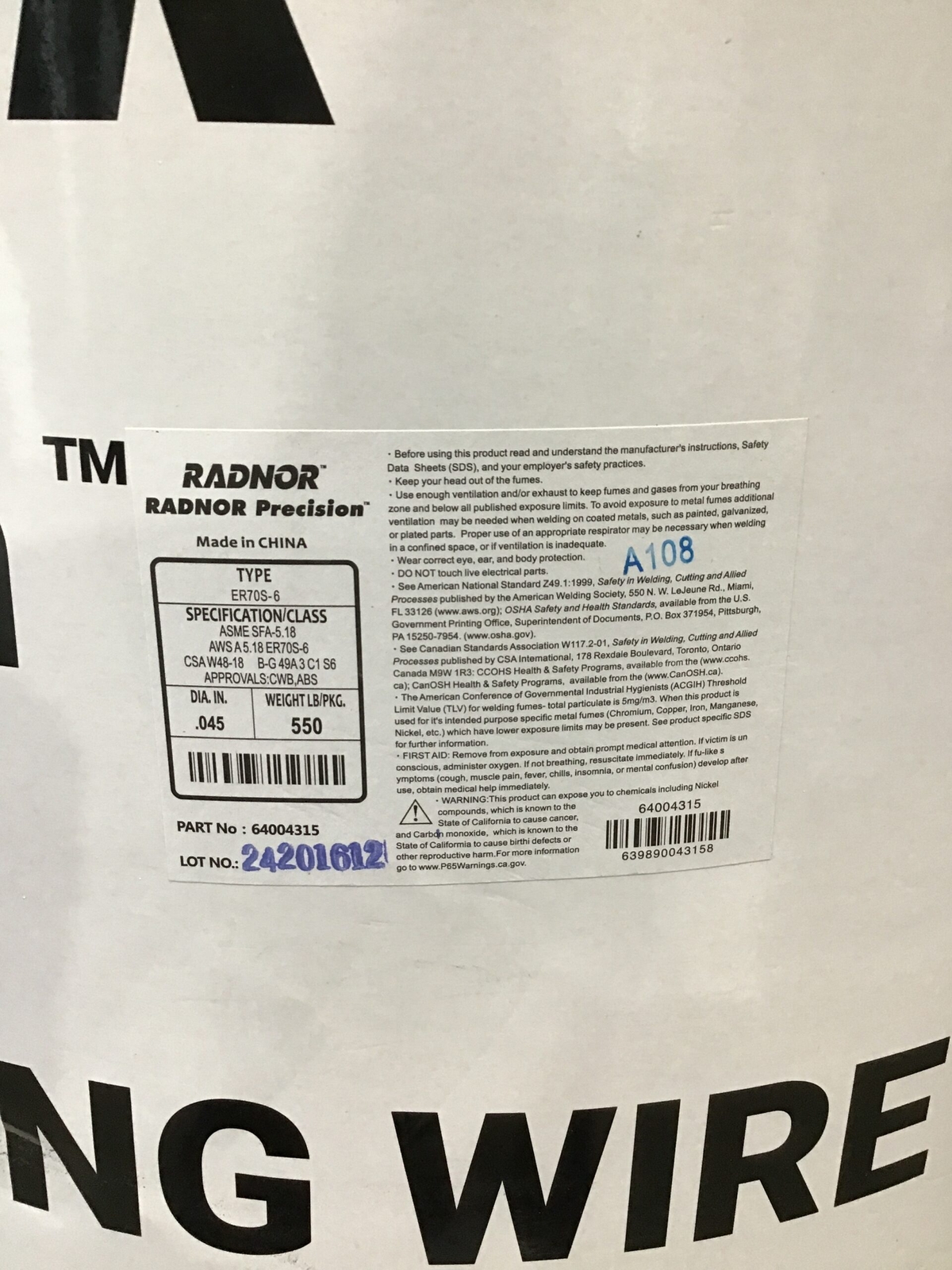 RADNOR ER70S-6 .045″ Steel MIG Welding Wire 550 lb Drum 64004315 – Precision