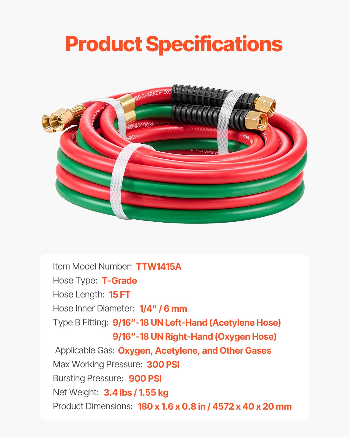 VEVOR Oxygen Acetylene Hose 1/4In x15FT T Grade Hose 300PSI Max Working Pressure