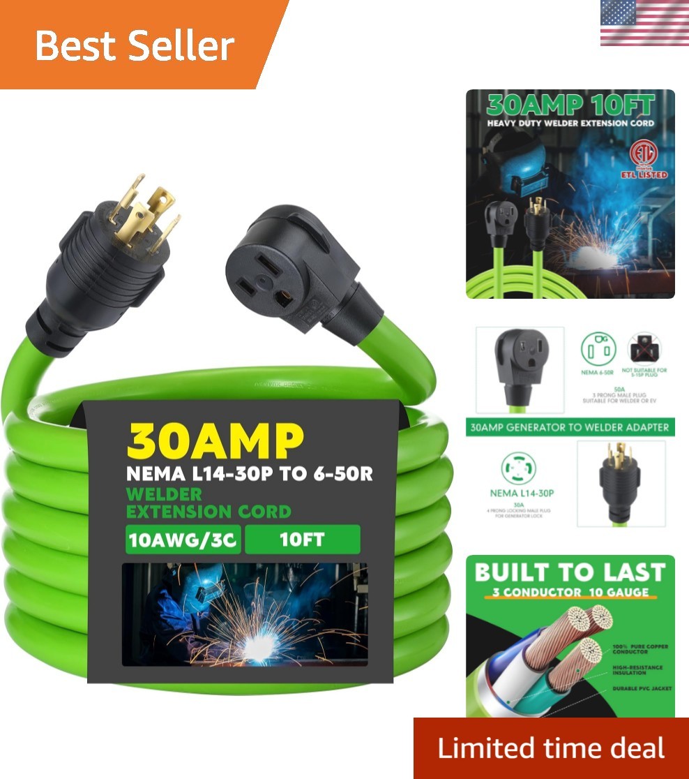Durable 10 ft Green Welder Extension Cord – NEMA L14-30P Connectorized Power