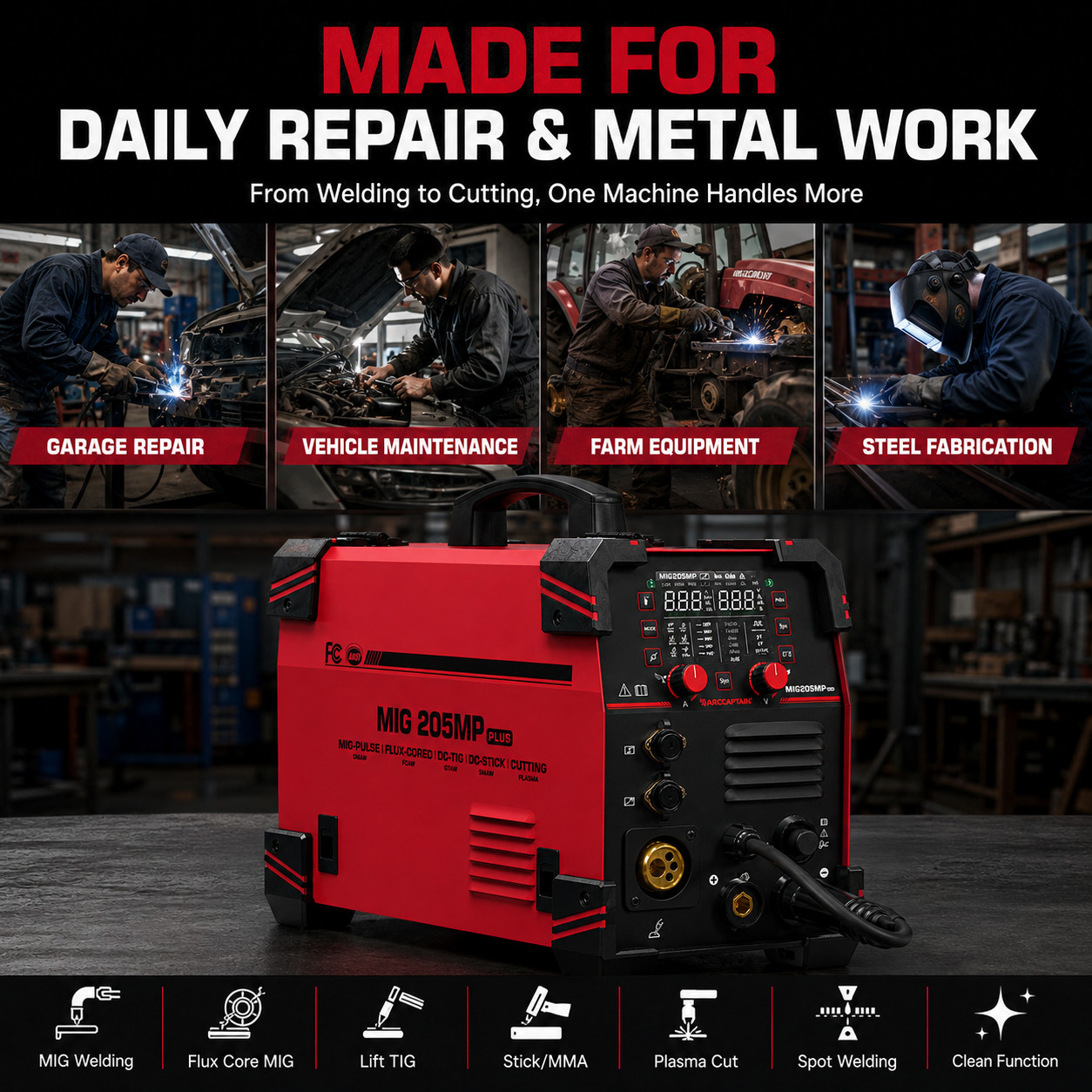 ARCCAPTAIN iControl 205A MIG Welder 9 IN 1 Plasma Cutter 120V/240V Dual Voltage