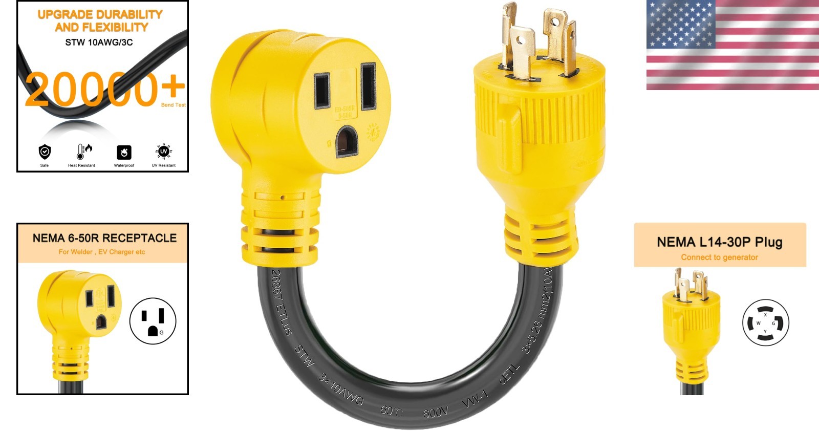 Certified 1.5 FT NEMA L14-30P to 6-50R Welder Adapter – 30 Amp Power Safe