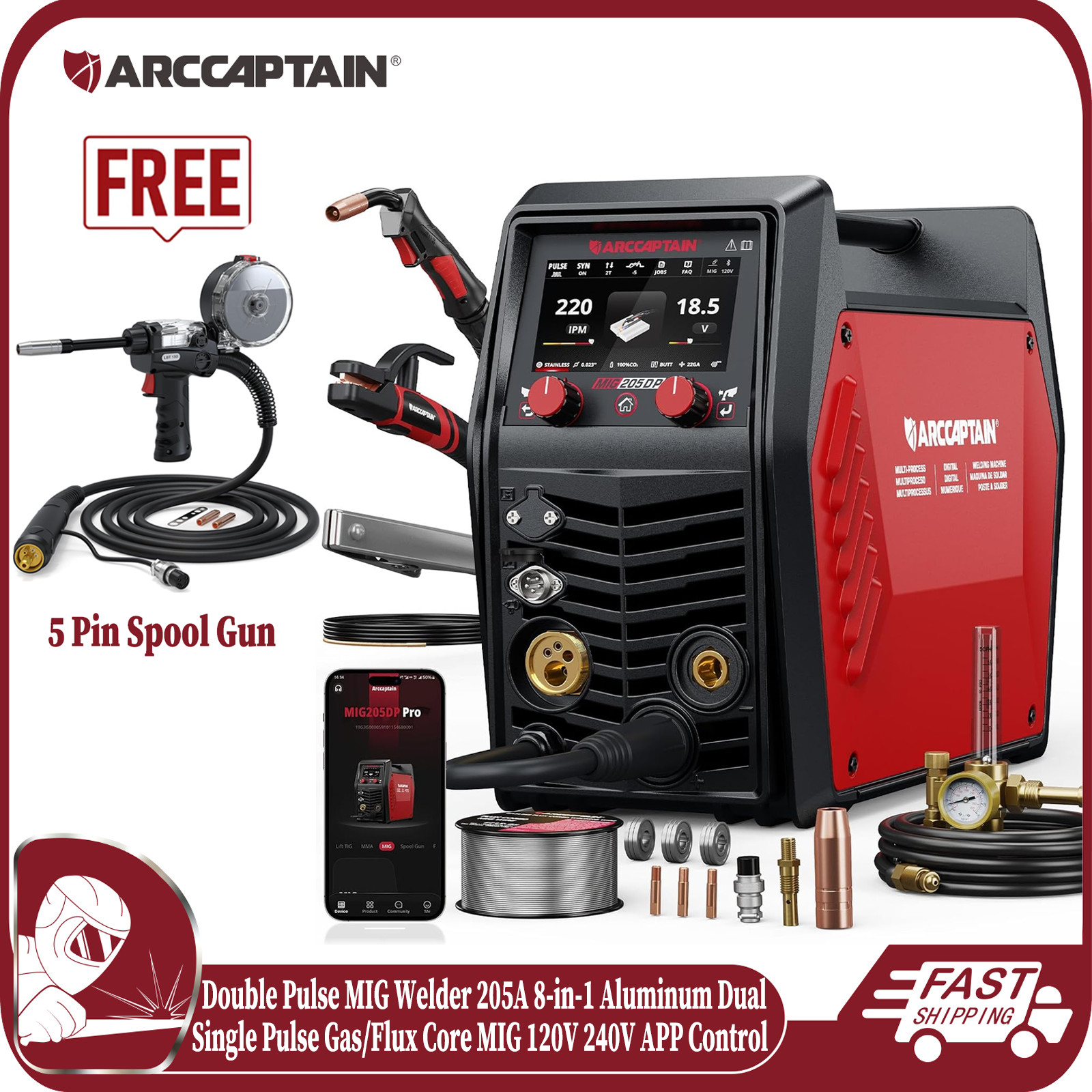ARCCAPTAIN MIG205DP Double Pulse MIG Welder 8-in-1 Aluminum Welding & Spool Gun