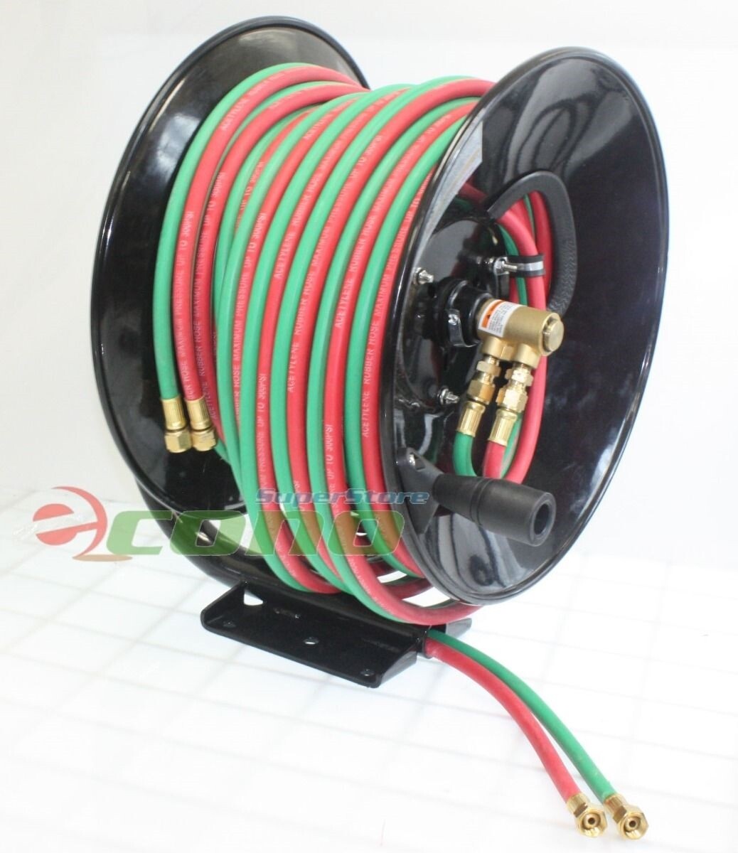 Manual 100ft Welding Hose Reel Mount w/Twin Oxy Acetylene 300psi 100′ Weld Hoses