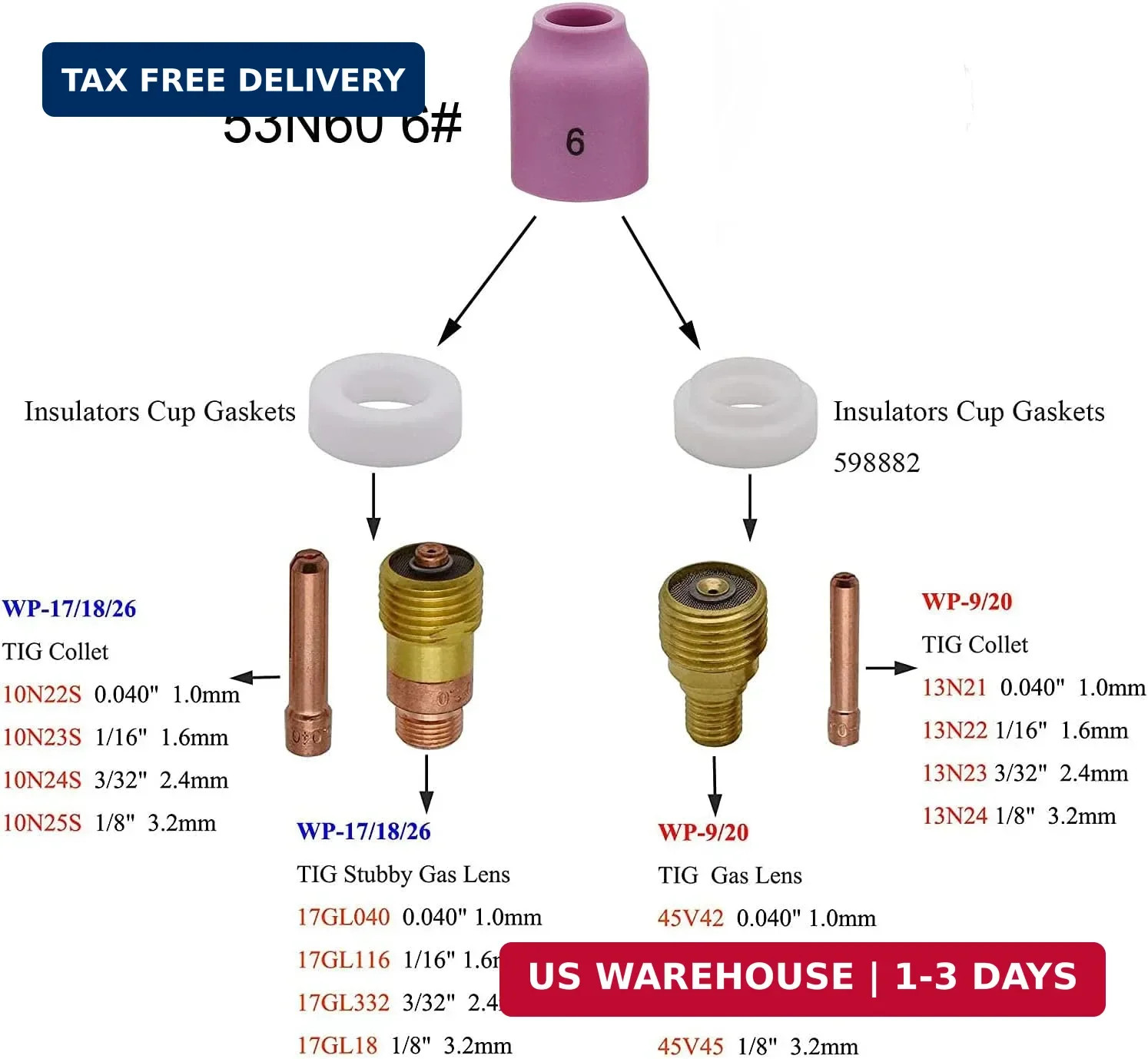 10PK TIG Gas Lens Alumina Nozzle 53N60 6# 3/8″ For SR WP- 9/20 & 17/18/26 | 10PK
