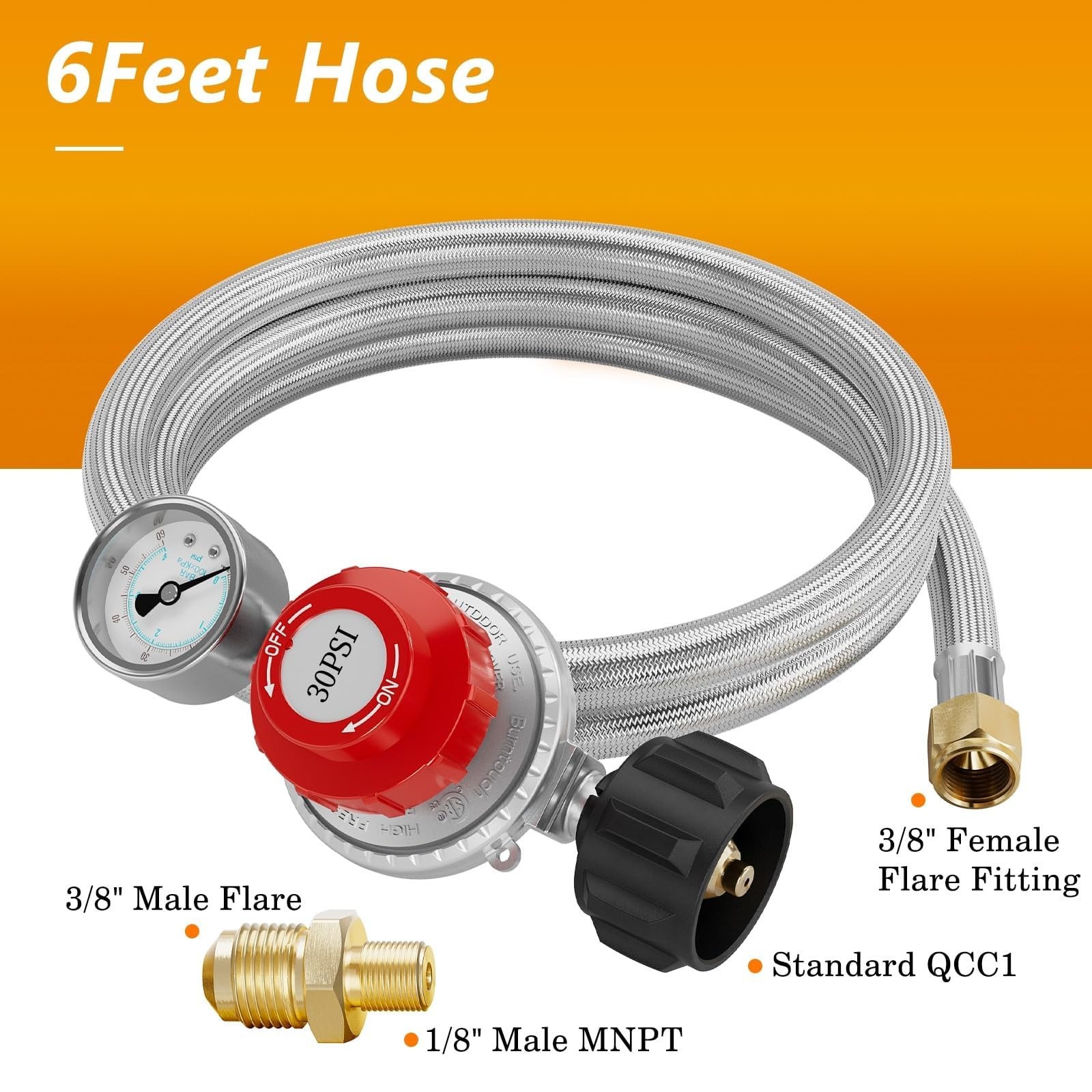 NUPICK 6FT 0-30 PSI Adjustable High Pressure Propane 6ft, Stainless Steel