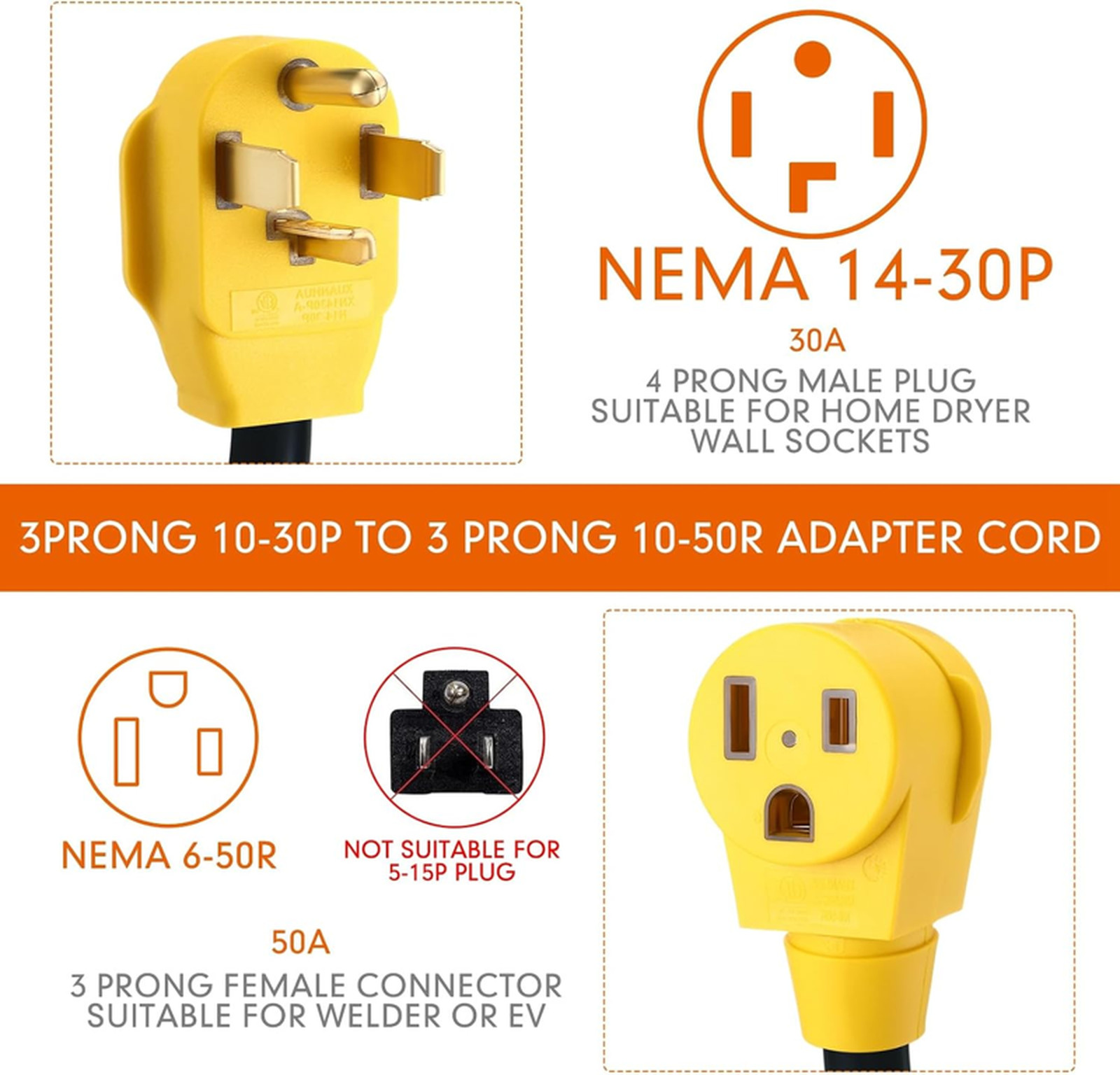 Kanayu 1ft NEMA 14-30P to 6-50R Welder Adapter Cord Dryer Adapter 4 Prong to 3