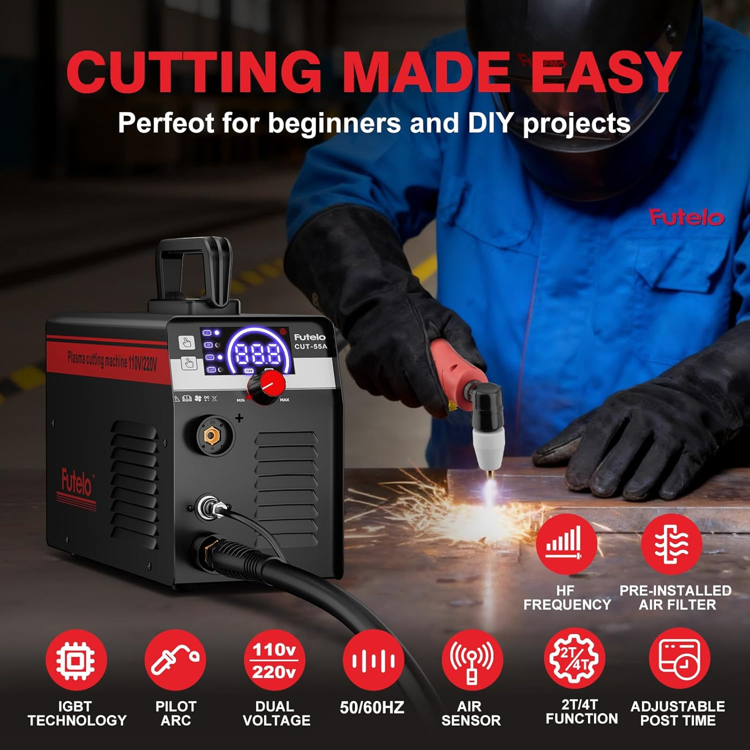 Plasma Cutter 55A, 110V/220V Plasma Cutter Machine with Large LED Display, Conta