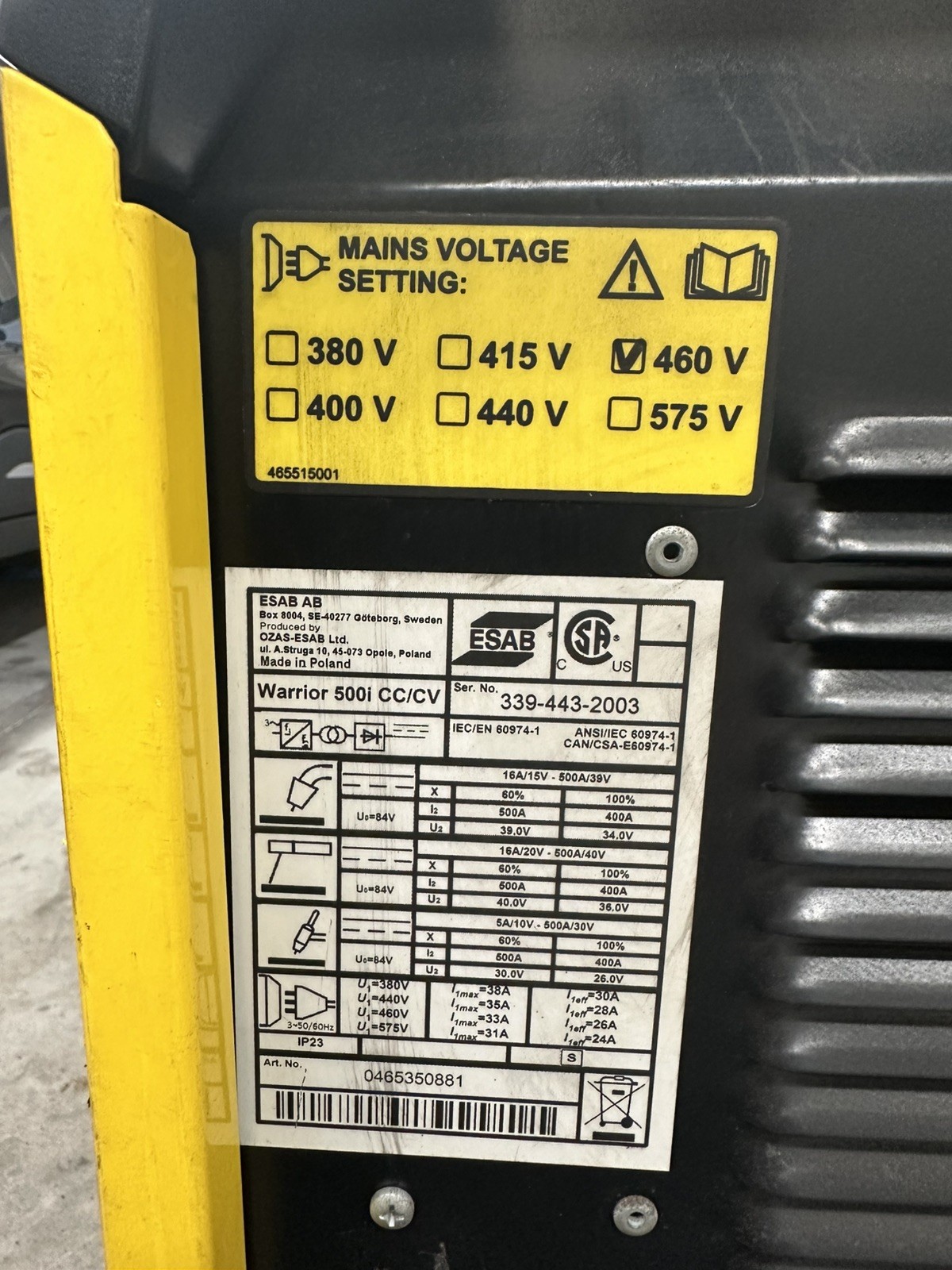 ESAB Warrior 500i – CC/CV Multi-Process Welder With Robust Feed Pro Wire Feeder