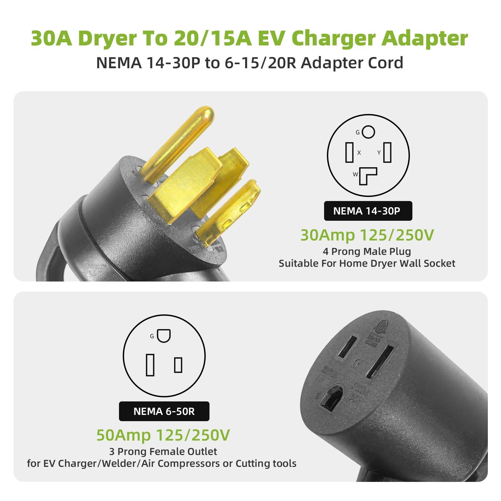 30 Amp Welder Adapter Cord NEMA 14-30P to 6-50R, 1FT, 10AWG Heavy-Duty, 250V