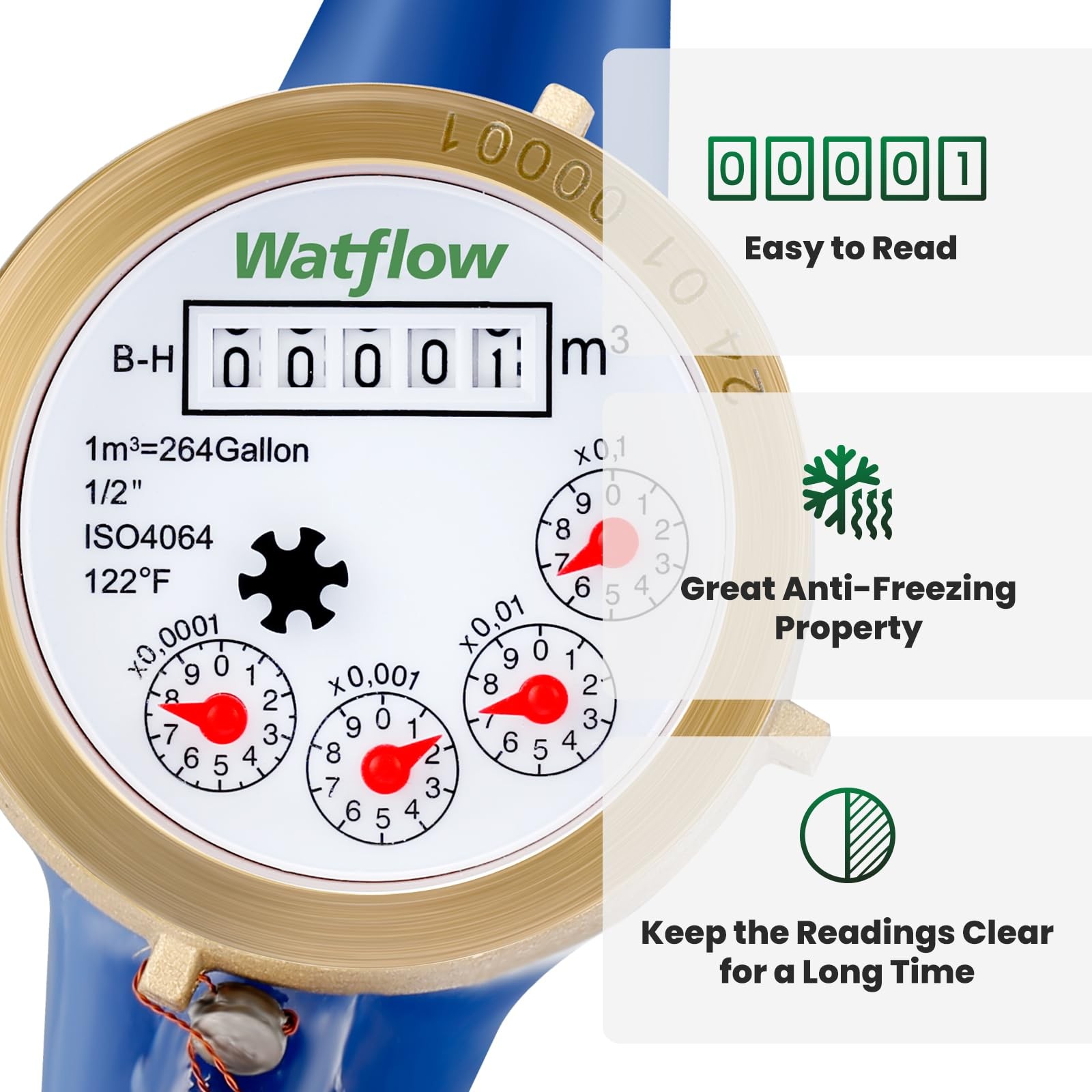 DN15 1/2 Inch NPT Water Meter Lead Free Cold Water MultiJet Cubic Meter