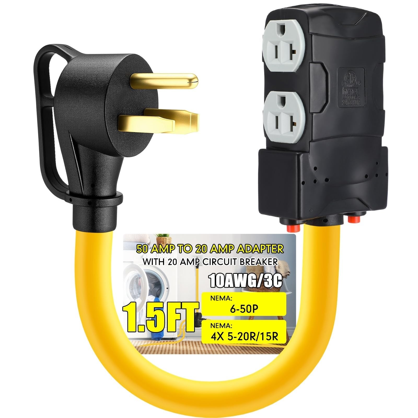 1.5FT NEMA 6-50P to 4×5-20R EV Welder Adapter, 20A Circuit Breaker, ETL Listed