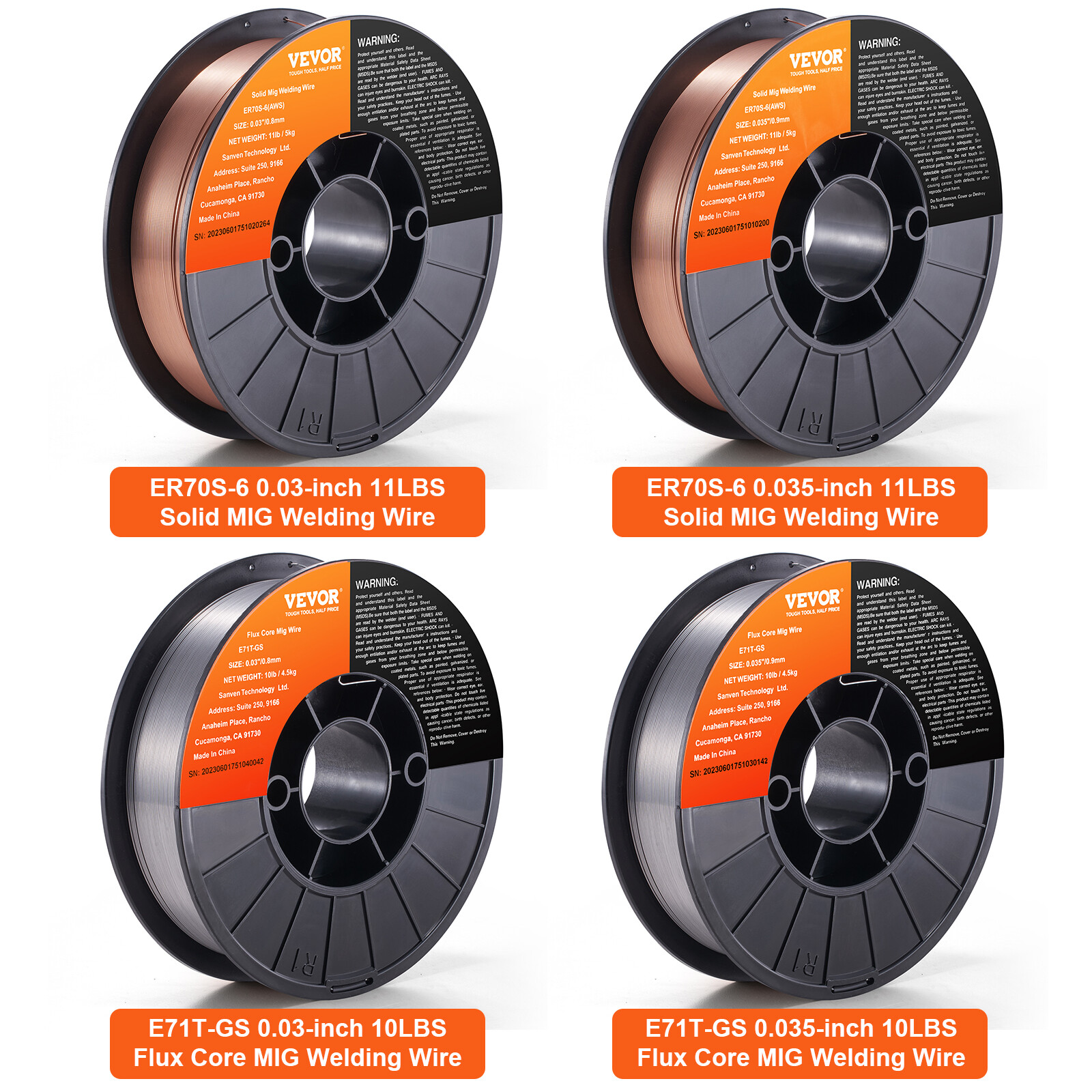 VEVOR 0.03″/0.035″ 11LBS Solid & 0.03″/0.035″ 10LBS Flux Core MIG Welding Wire