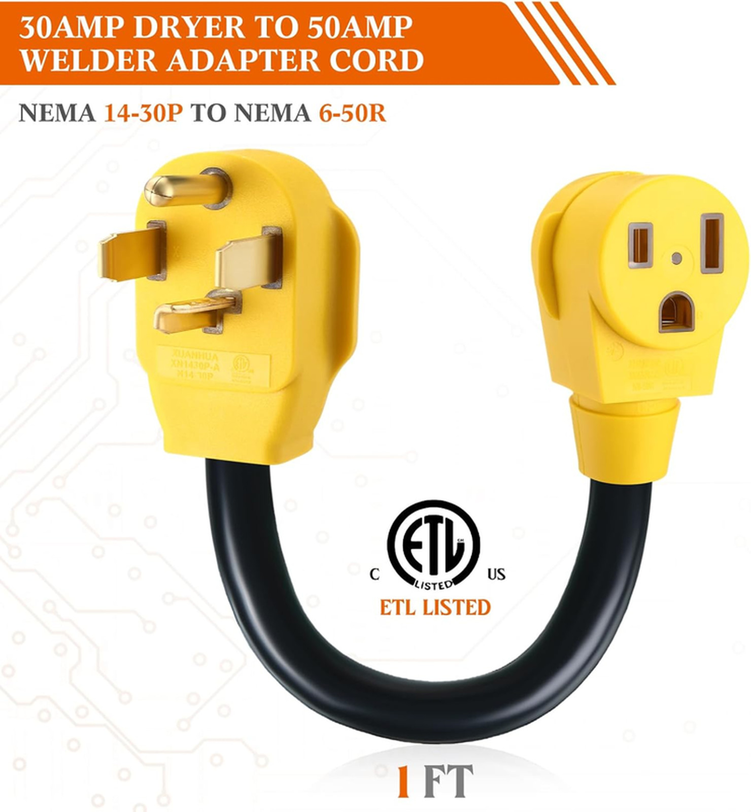 Kanayu 1ft NEMA 14-30P to 6-50R Welder Adapter Cord Dryer Adapter 4 Prong to 3