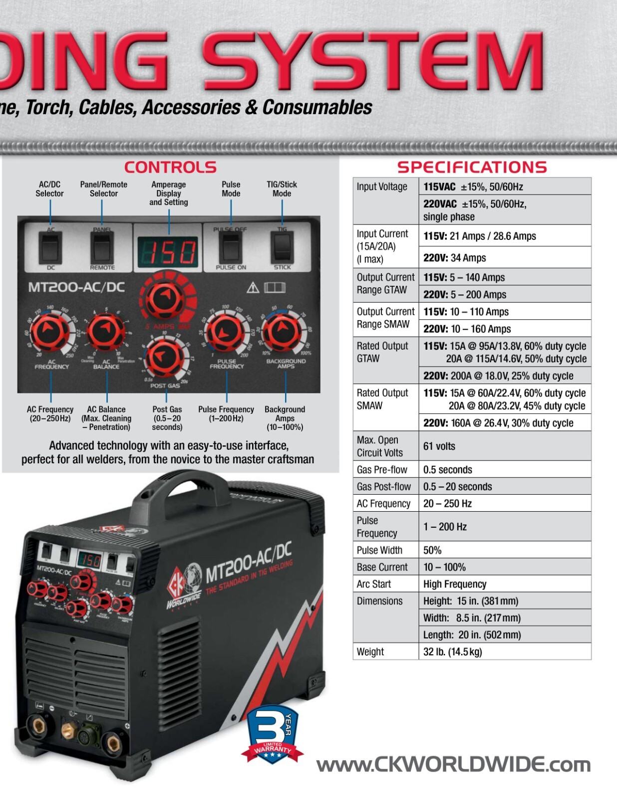 CK Worldwide MT200 AC/DC TIG Welding Machine With Flex Head