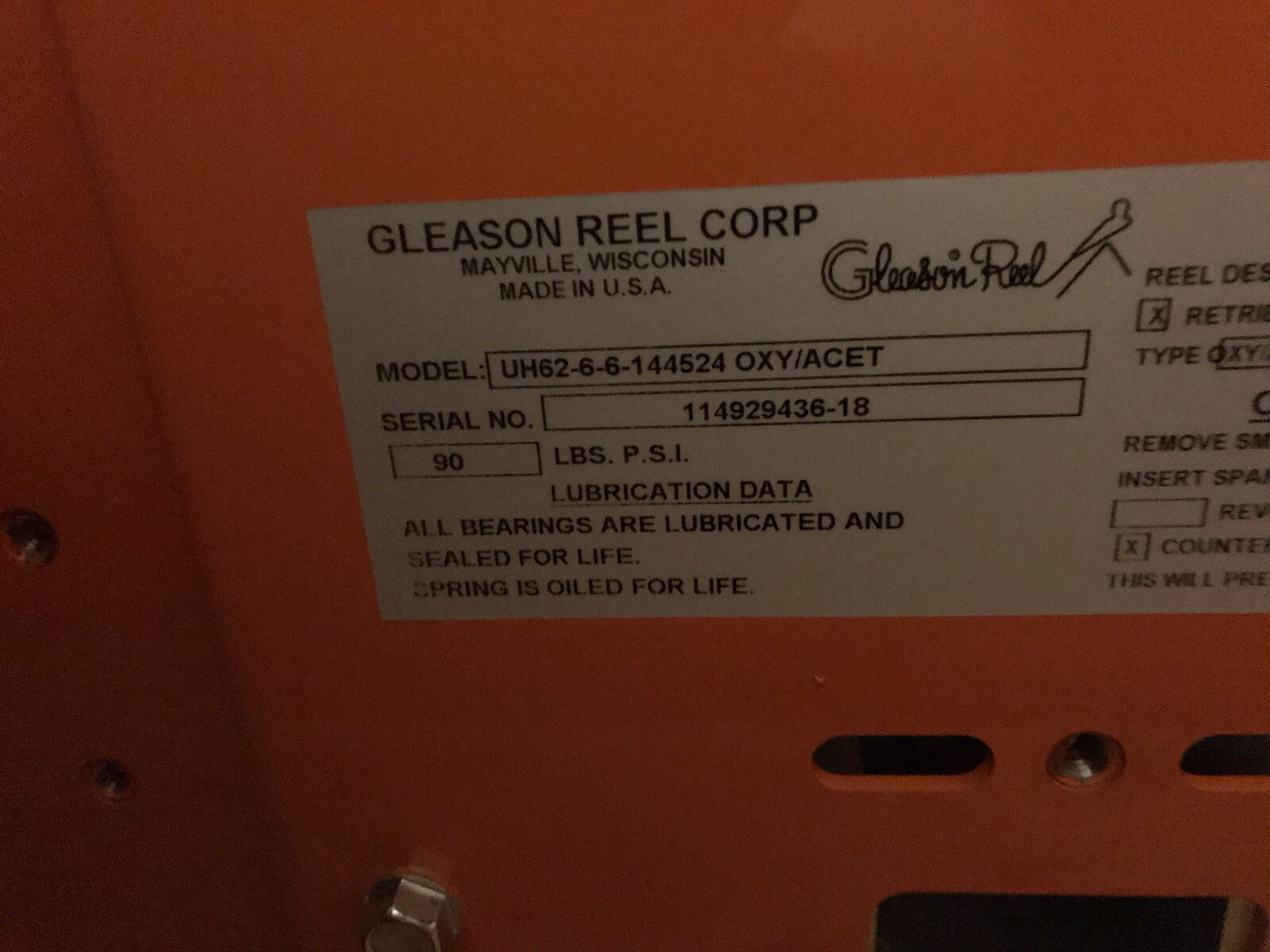 Hubbell Gleason,UH62-4-4-144524,WELD Cable Reel GR055316 100Ft 3/8″ Oxy/ACET