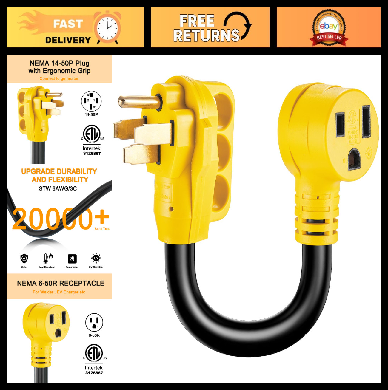 50 Amp Welder Adapter Cord, 6 AWG NEMA 14-50P to 6-50R, Heavy Duty 1ft, ETL List