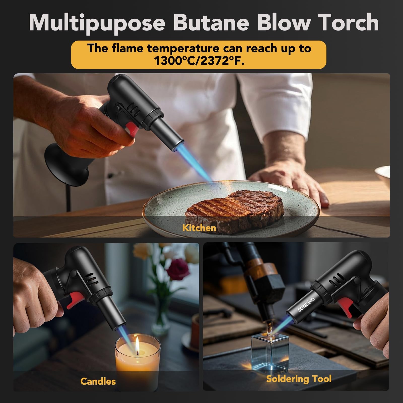Butane Torch Lighter With Visible Fuel Window, Refillable Soldering Torch With