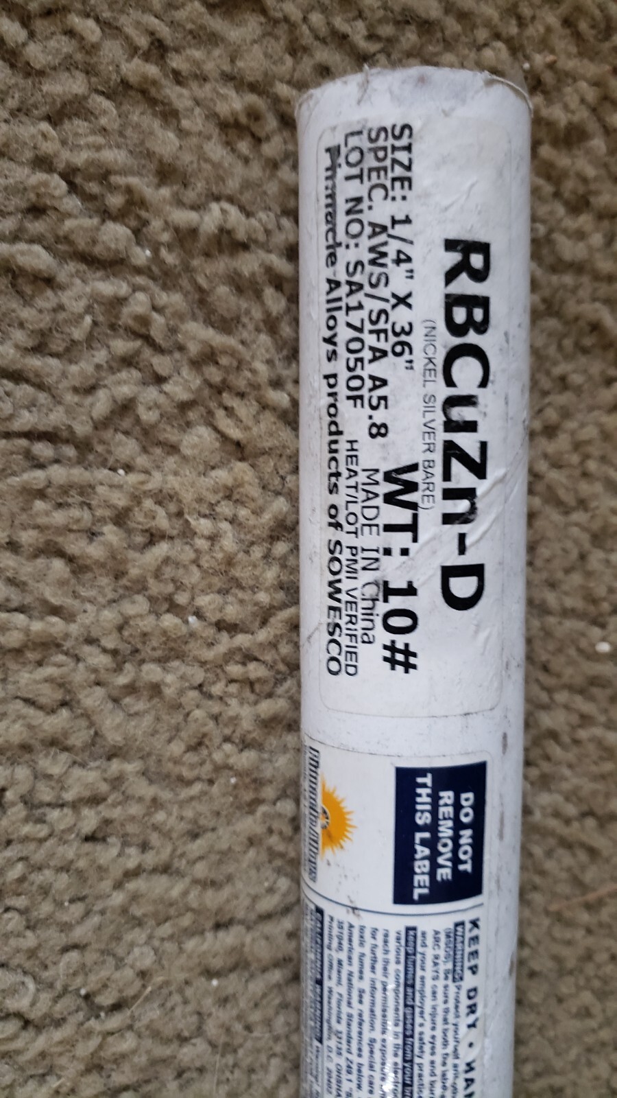 NICKLE SILVER BARE WELDING ROD RBCUZN-D 1/4 X 36″