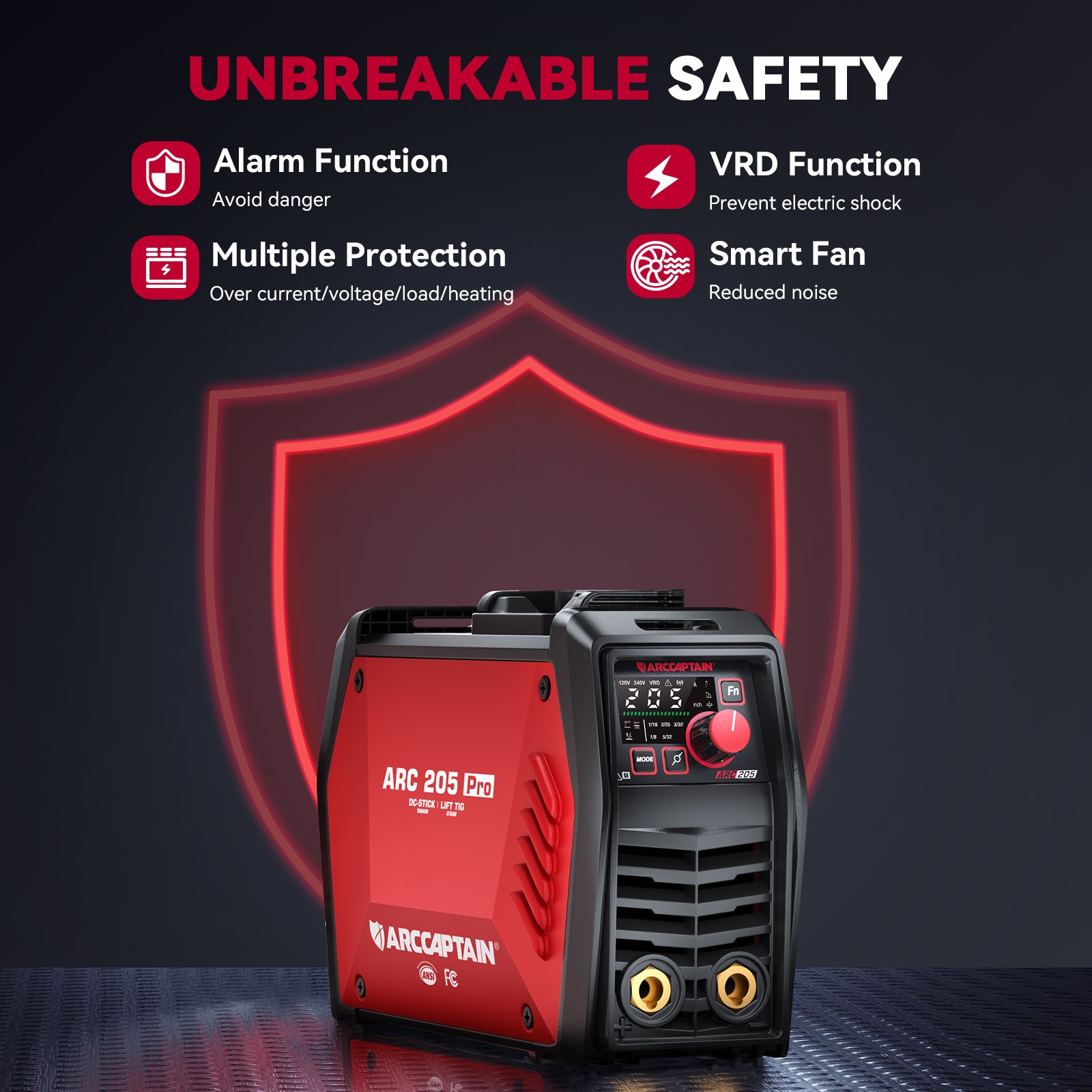 ARCCAPTAIN iControl Stick Welder 205A 2-in-1 ARC/Lift TIG LED Display 120V/240V