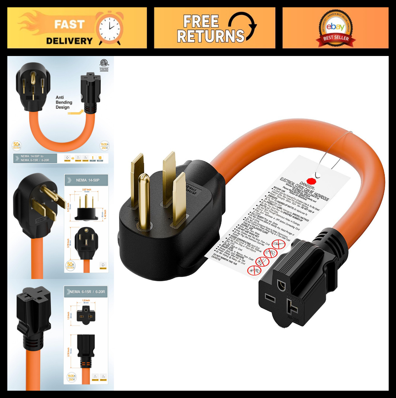 Heavy Duty 10/3 1FT NEMA 14-50P to 6-20R/6-15R T-Blade Adapter, 250V 50A EV Char