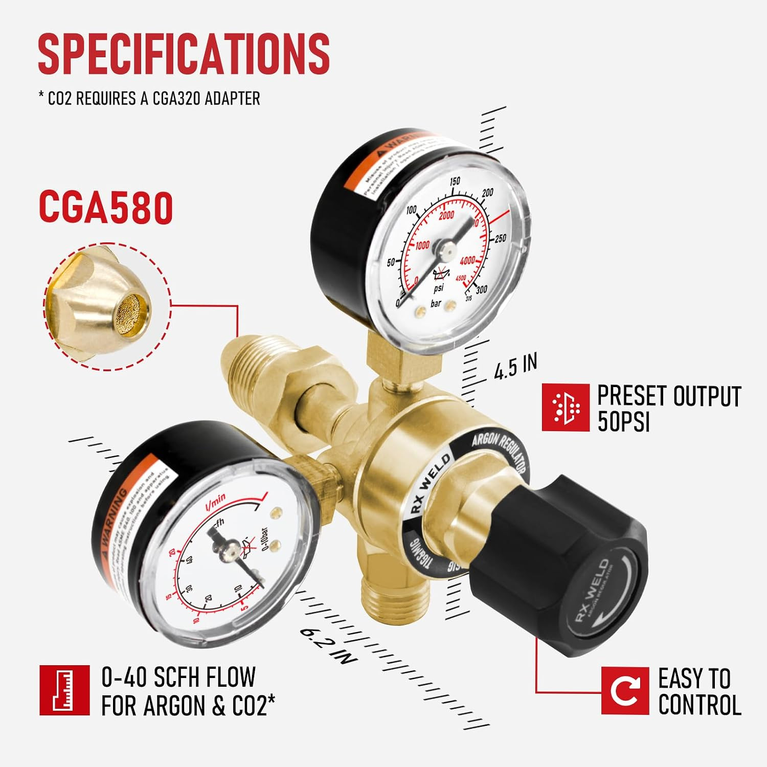 Argon Regulator for MIG TIG, 0-40 CFH, CGA580 Inlet, 6.6FT Hose | Dual 9/16″ & 5