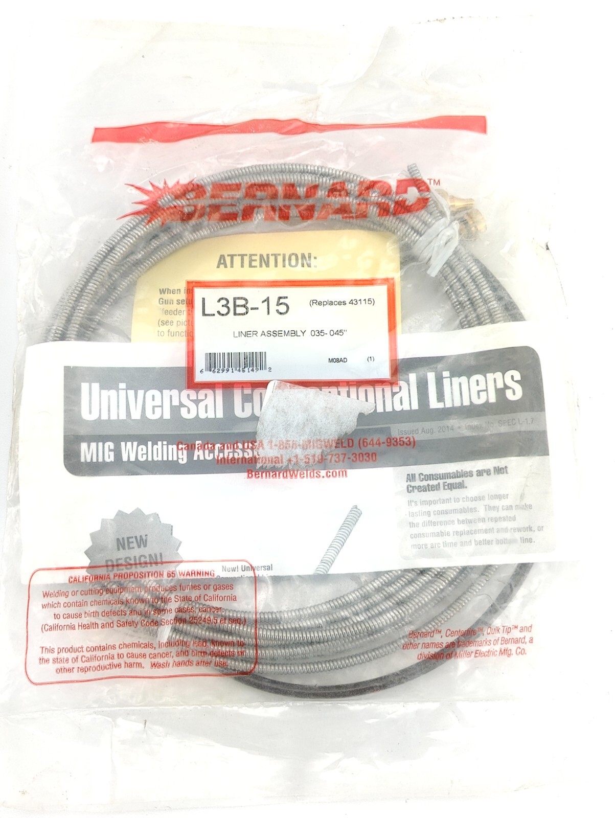 Bernard L3B-15 MIG Gun Liner for 0.035″ – 0.045″ Wire, 15′ Length Replaces 43115