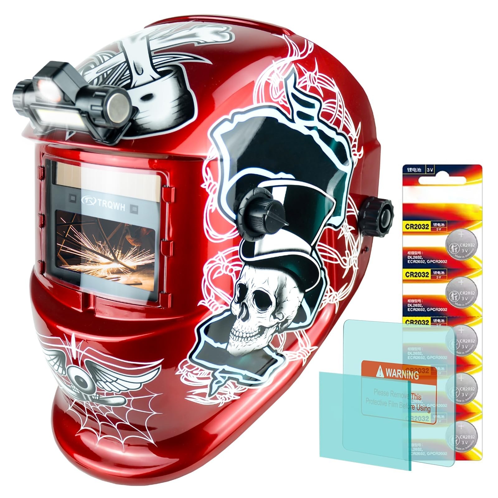 1/1/1/2 Optical Clarity Welding Helmet for TIG/MIG/ARC Shade 9-13, Flaming Skull
