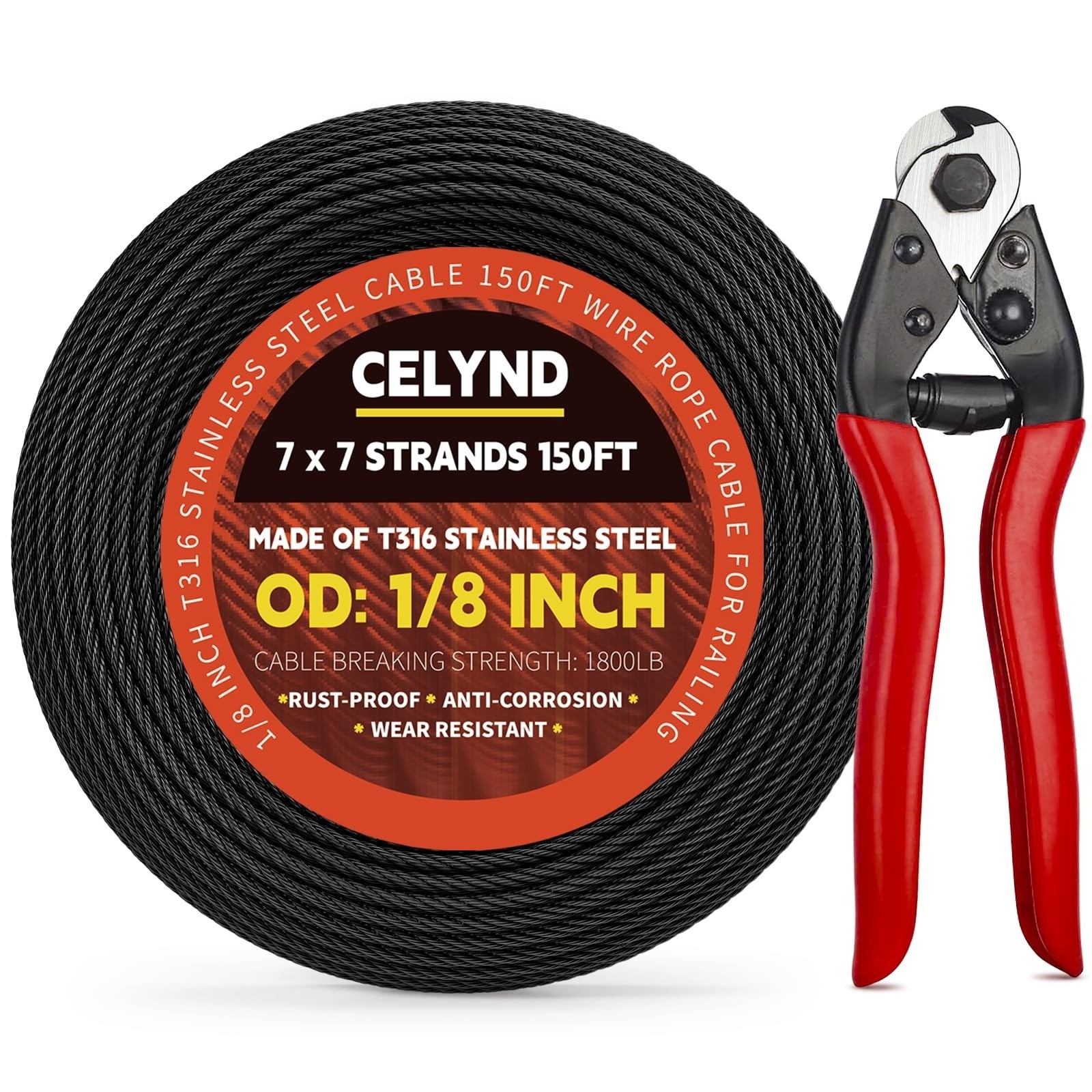 CELYND 500FT 1/8″ Black Stainless Steel Cable for Railing with Cutter
