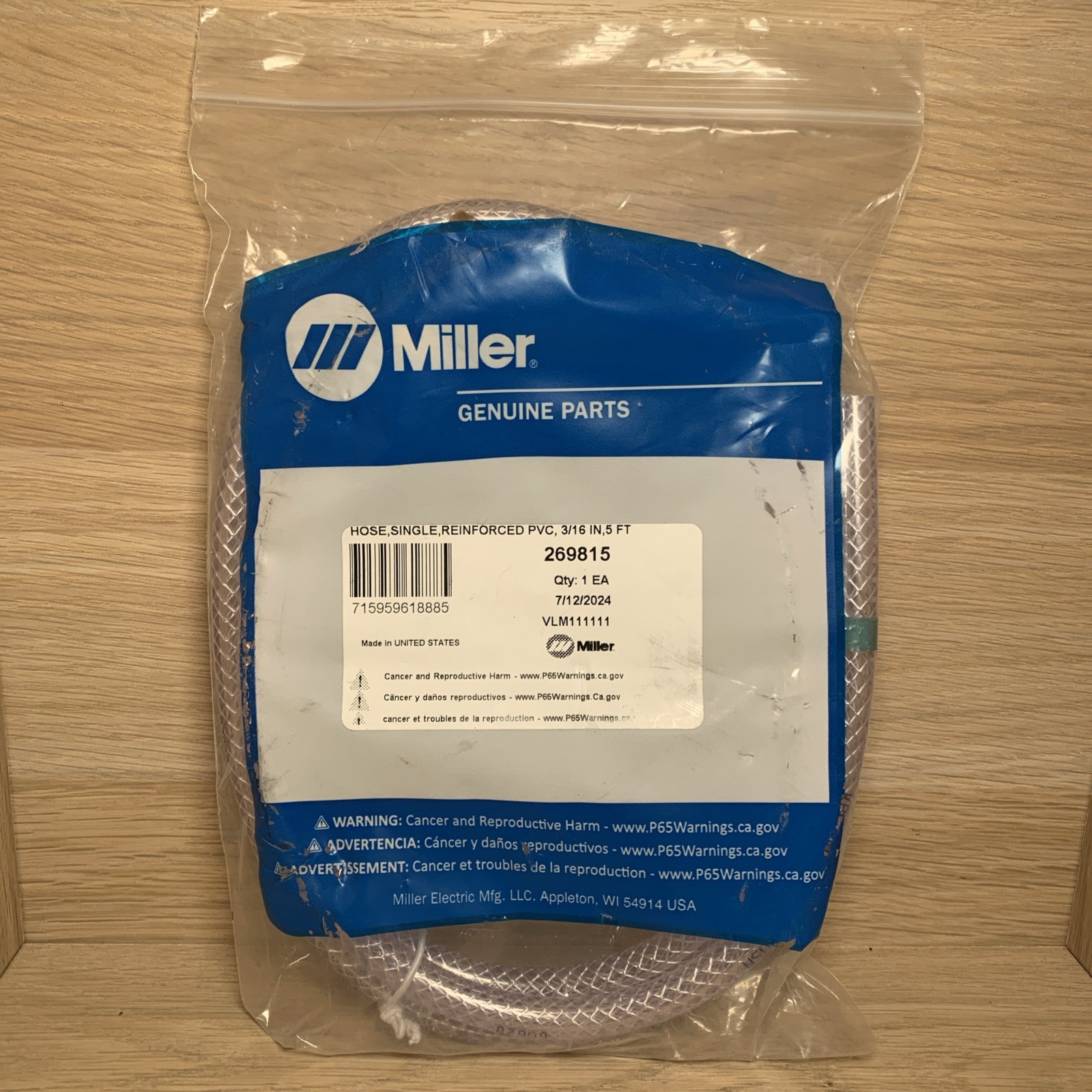 Miller 269815 5-Foot Gas Hose, Reinforced PVC, 3/16”