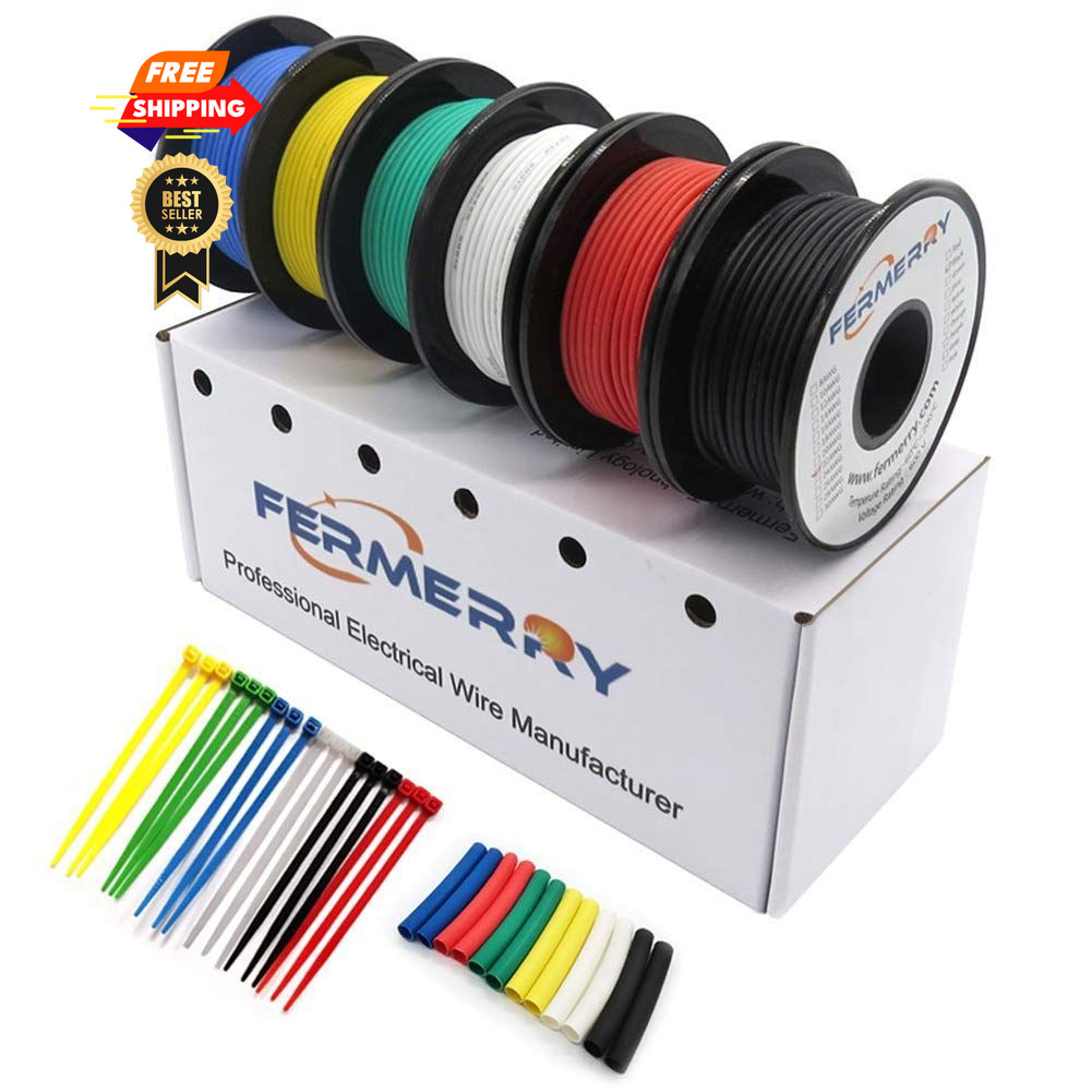 Fermerry 22 AWG Stranded Wire Spool 100FT, Yellow,Blue,White,Green,Black,Red