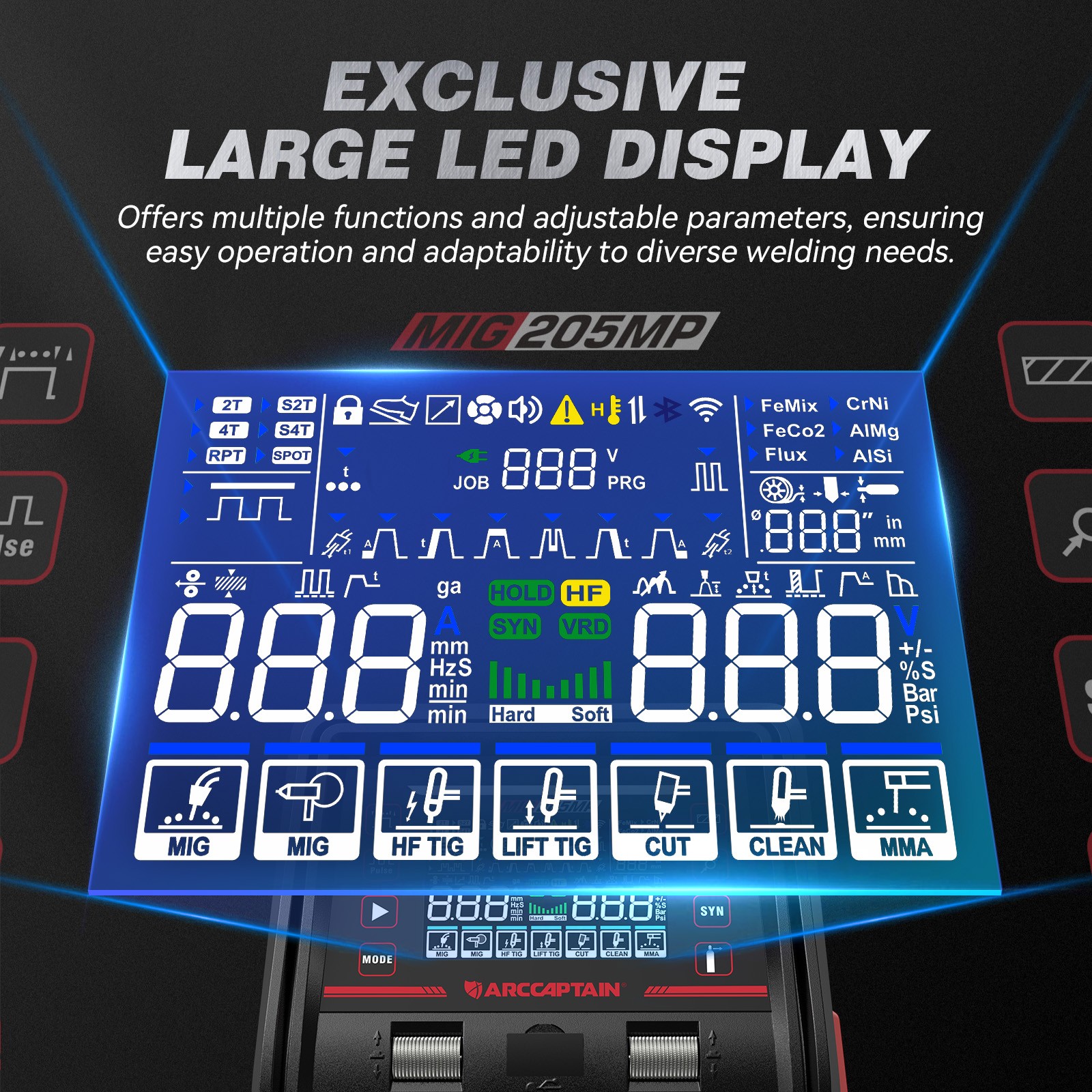 ARCCAPTAIN MIG205MP MIG Welder 9 IN 1 Plasma Cutter/Pulsed MIG/TIG & Spool Gun