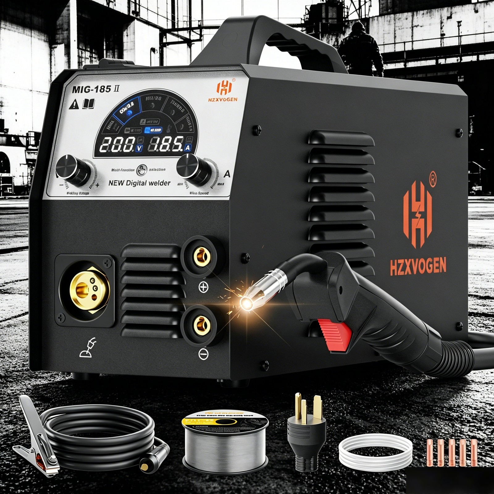 HZXVOGEN 200A MIG Welder,5 in 1 Gas/Gasless TIG MMA Welding Machine LCD Display