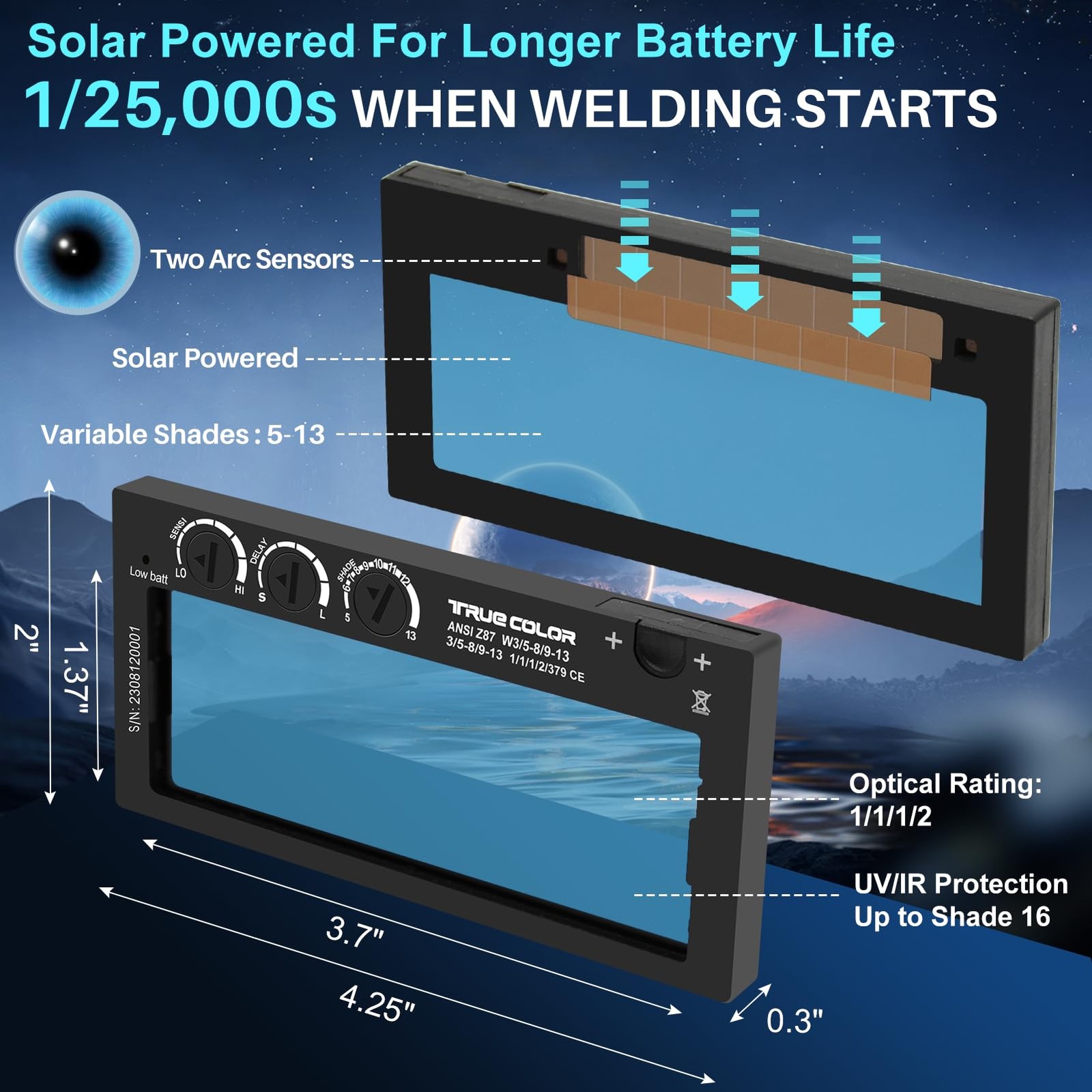 2×4.25 Auto Darkening Welding Lens – Shade 5-13 Adjustable color 5-13, Hd