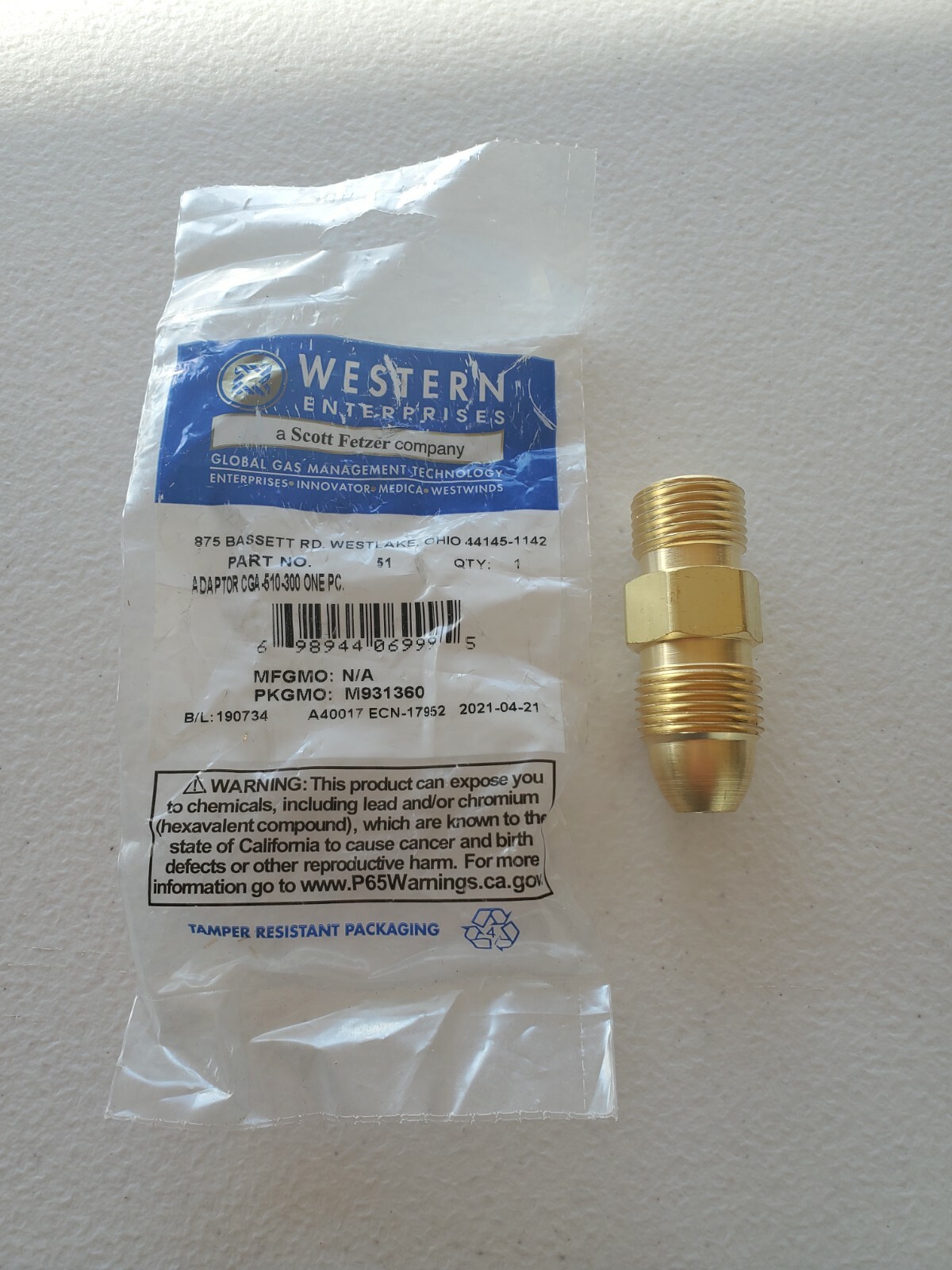Western 51 Adapter CGA 510 POL Acetylene Cylinder 300 Commercial Acet Regulator