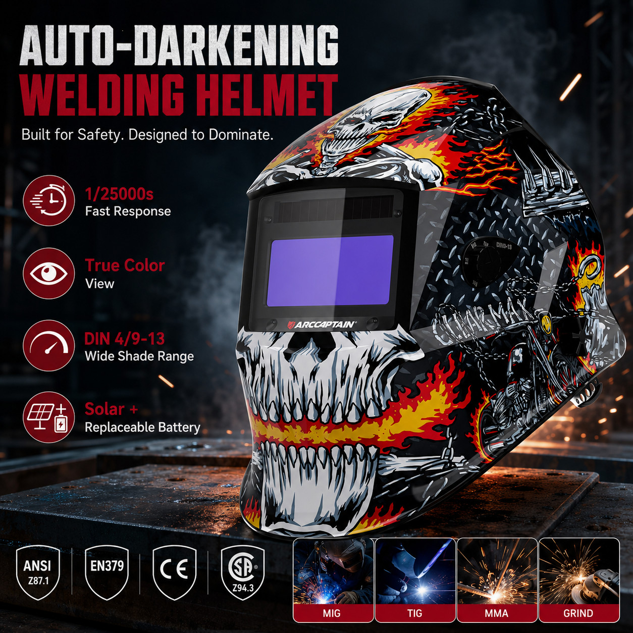 ARCCAPTAIN Welding Helmet Auto Darkening 1/1/1/1 True Color Welding Hood NEW
