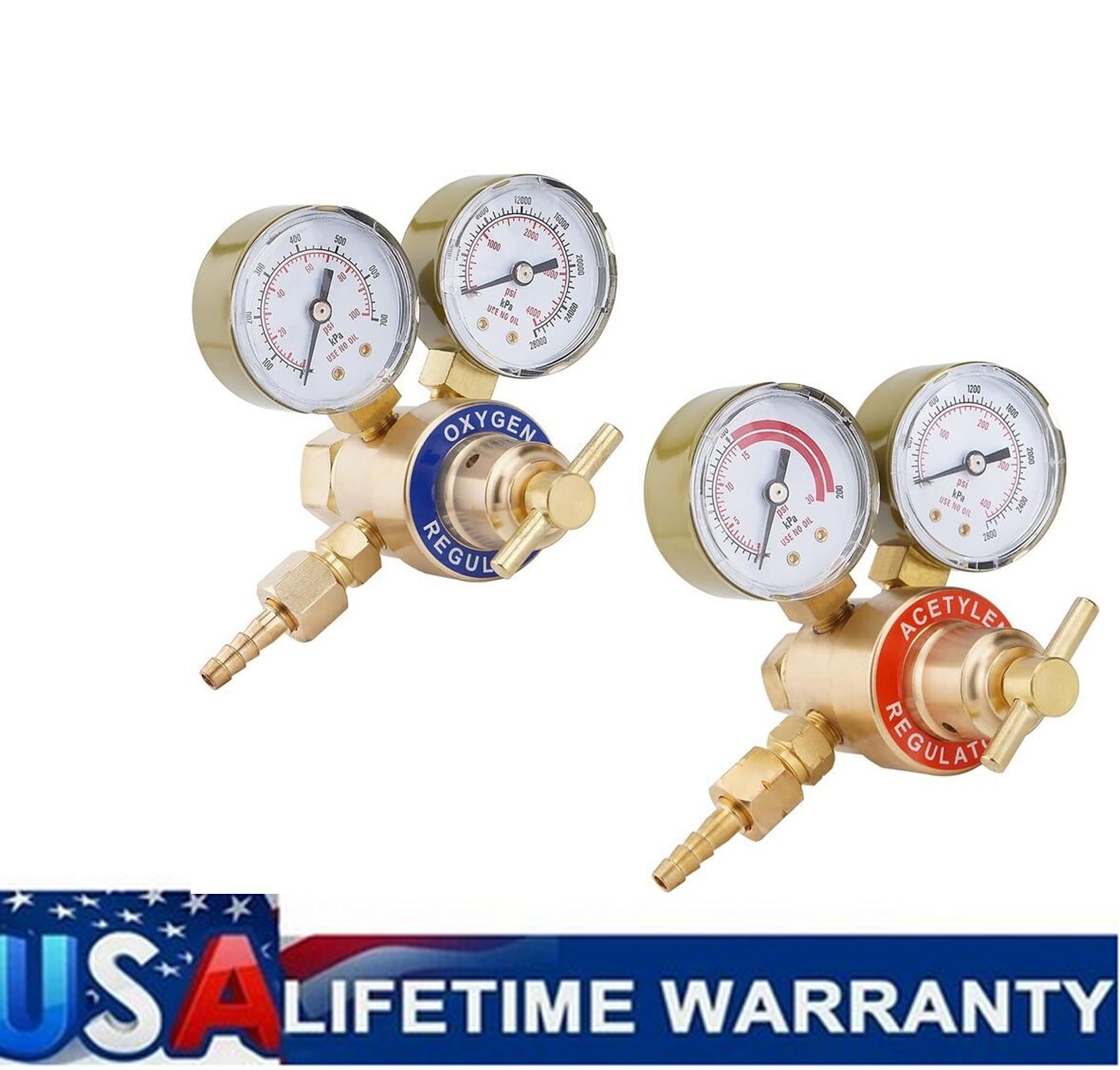 Acetylene & Oxygen Regulator, CGA540 & CGA200, with T-Handle & Hose Connector