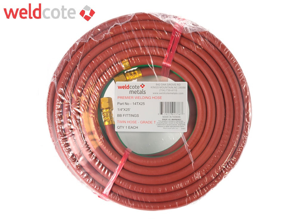Weldcote 14TX25, Twin Hose Grade T 1/4″ x 25′ BB Fittings