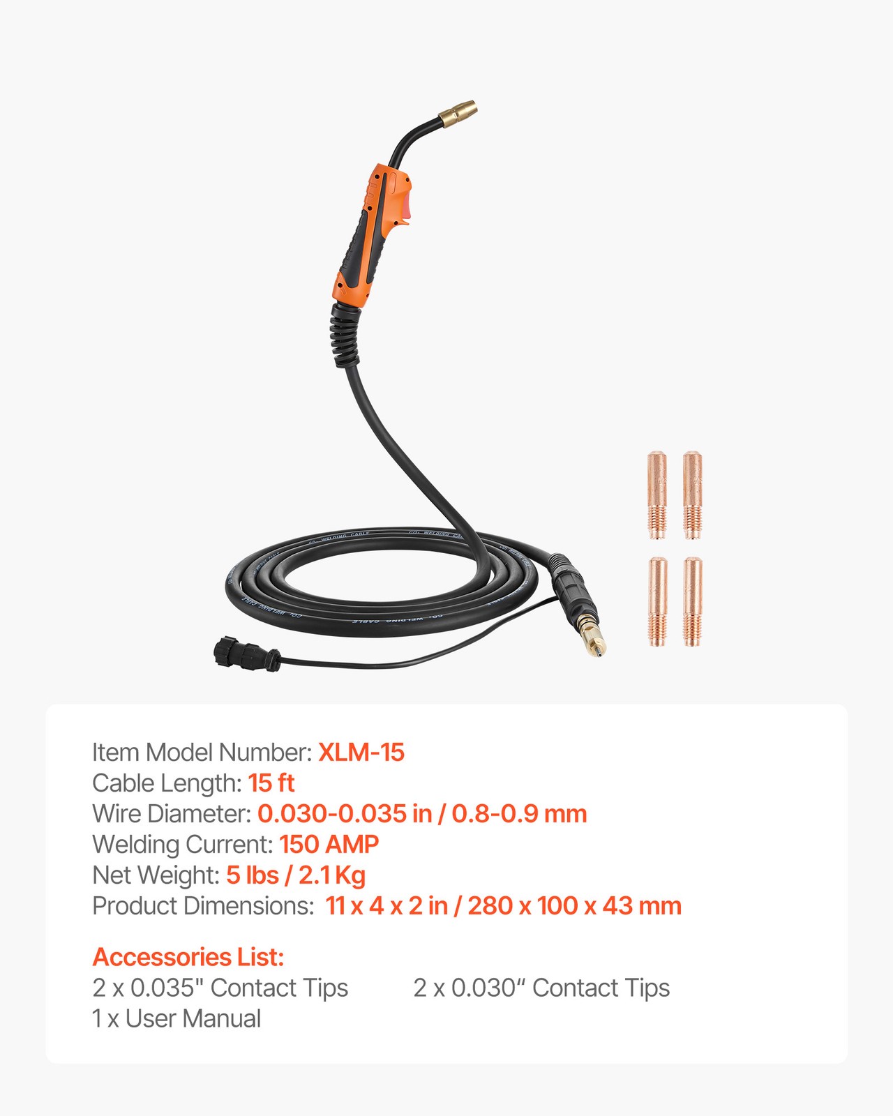 VEVOR 150A MIG Welding Gun with 15FT Cable Replacement for M-15/M-150 (249041)