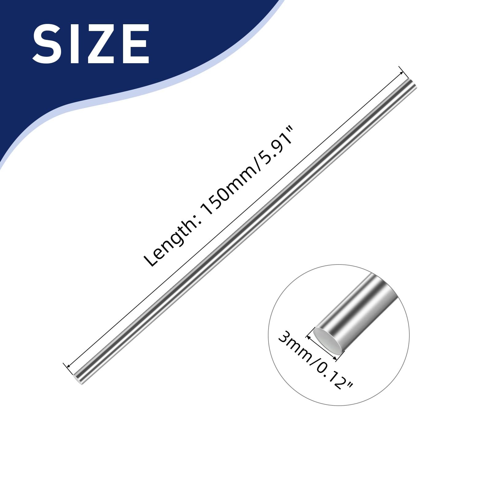 MewuDecor 3mm x 150mm 304 Stainless Steel Round Rod, x 150mm, Silver