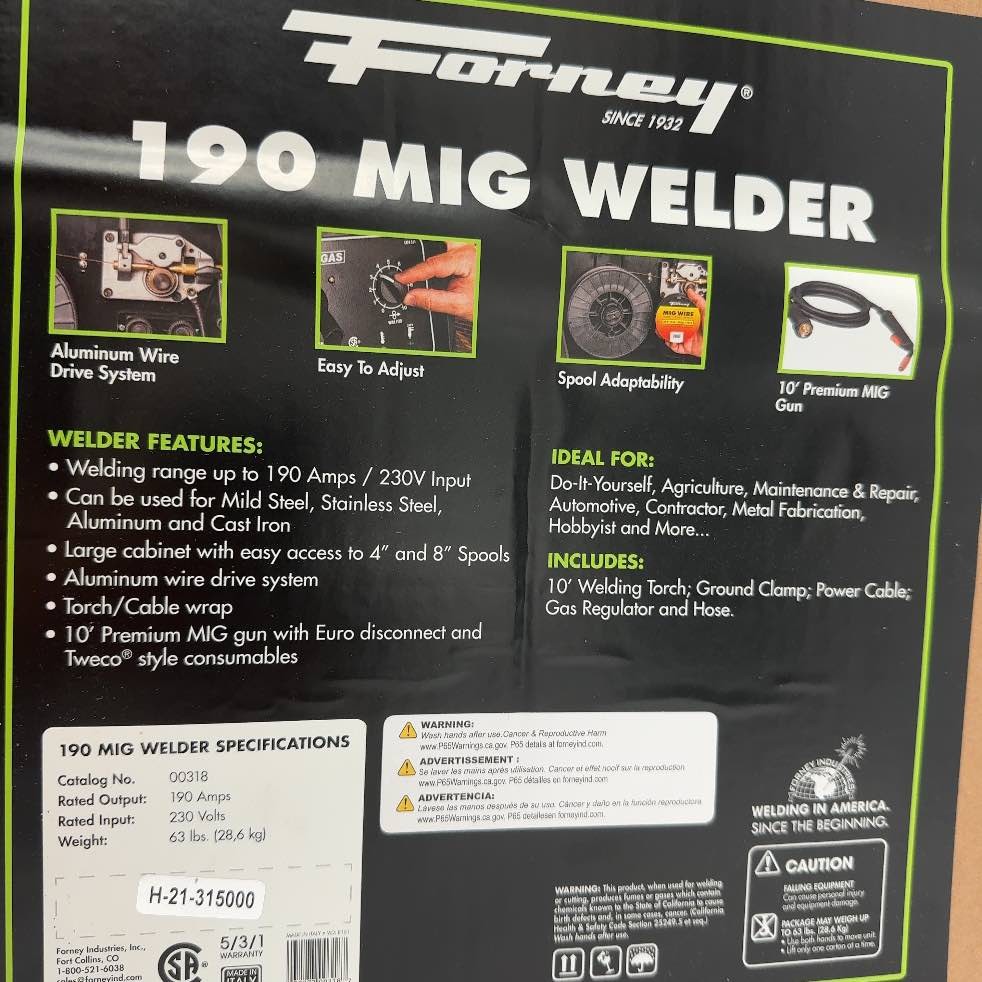 Forney 00318 190 MIG Welder 230V Flux-Core Gas Ready 190A 3/8 In Capacity