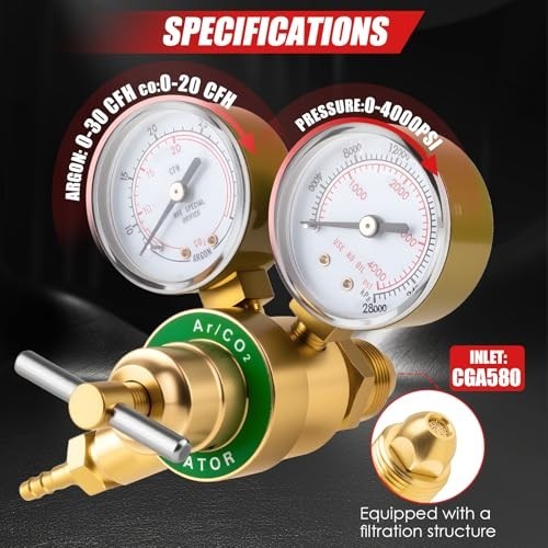 Welding Argon CO2 Regulator Dual Gauge with 6.6FT Hose, 0-4000PSI Input Pressure