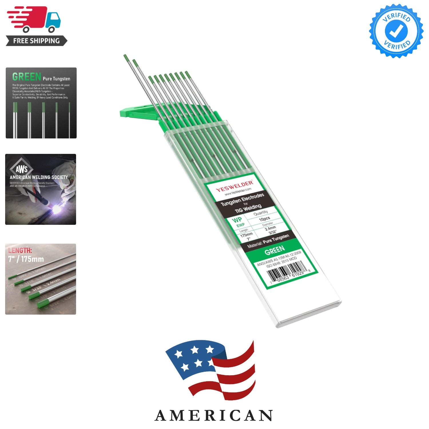 TIG Welding Tungsten Electrode Pure Tungsten 3/32″ x 7″ Green, EWP 10-pk