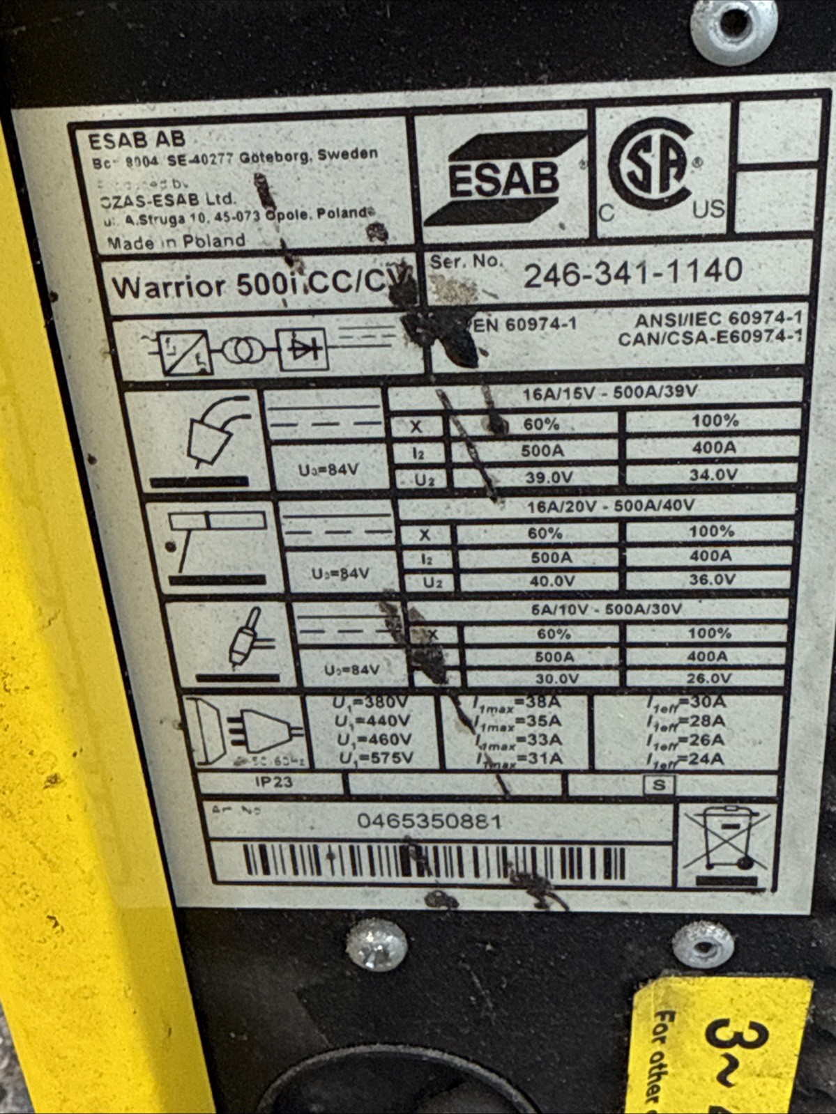 ESAB Warrior 500i CC/CV Welder 460V 3-Phase MIG TIG Stick Tested