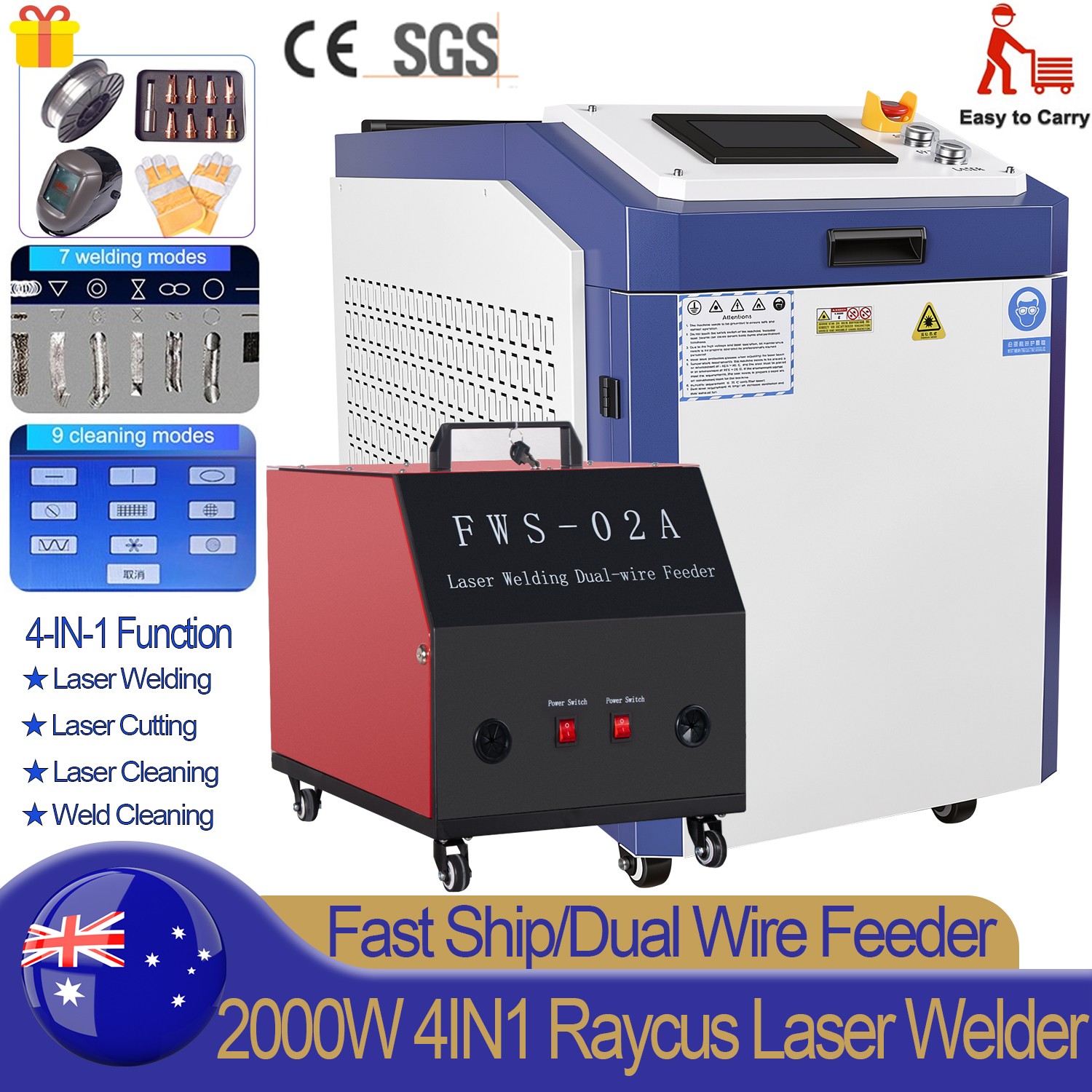 Raycus 2000W 4IN1 Welder Laser Welding/Cutting/Cleaning Machine Dual Wire Feeder